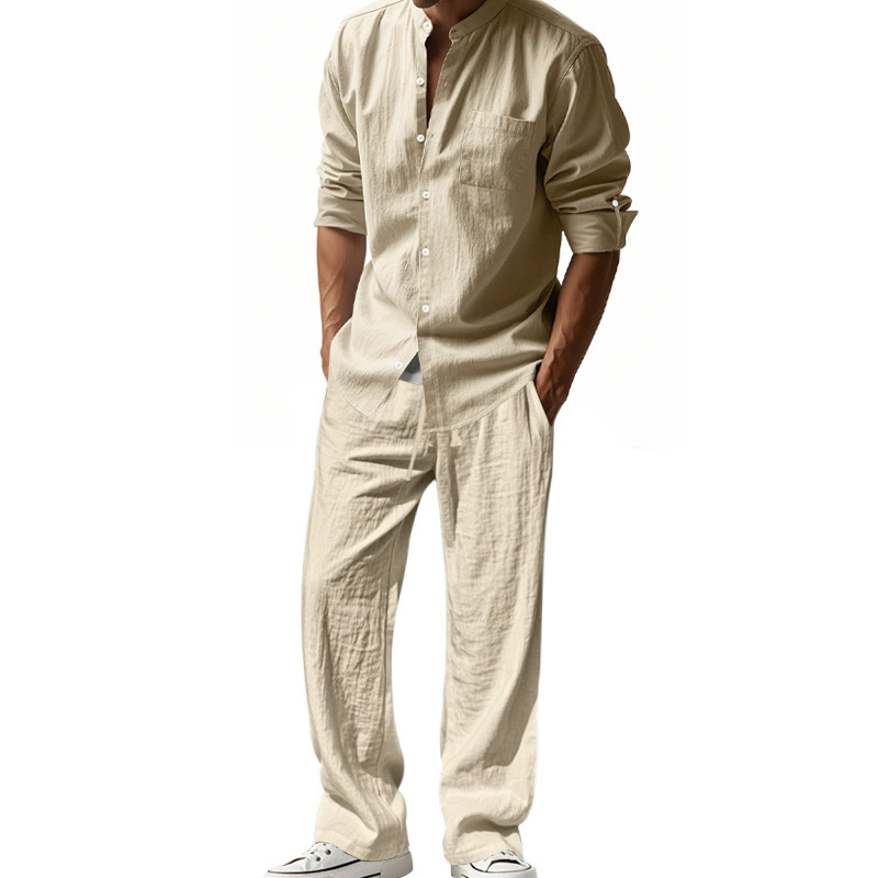 Men's Casual Loose Breathable Long-Sleeved Shirt and Pants Beach Set
