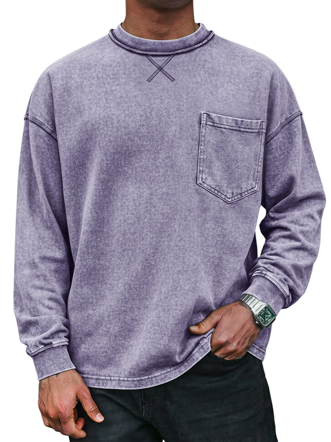 Men's Vintage Round Neck Cross-design Casual Long-sleeved T-shirt With Pockets