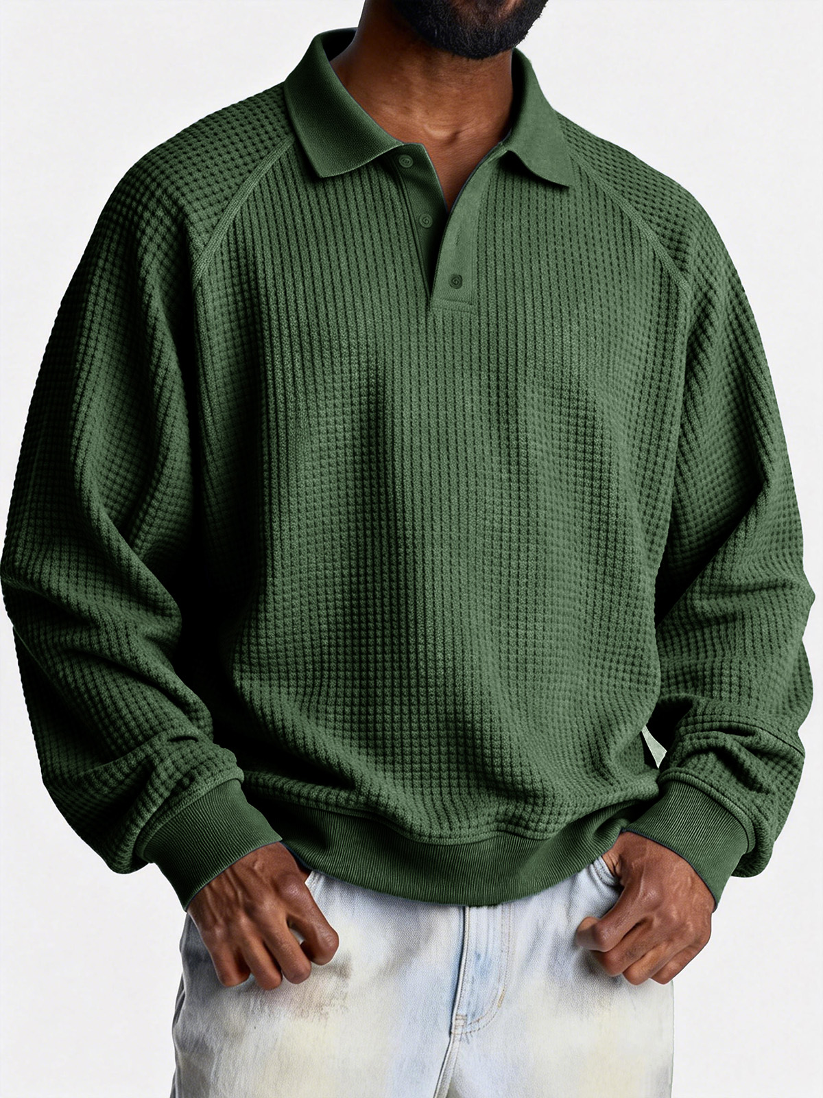 Men's Fashionable Casual Waffle Fabric Raglan Loose-Fit Collar Polo Shirt
