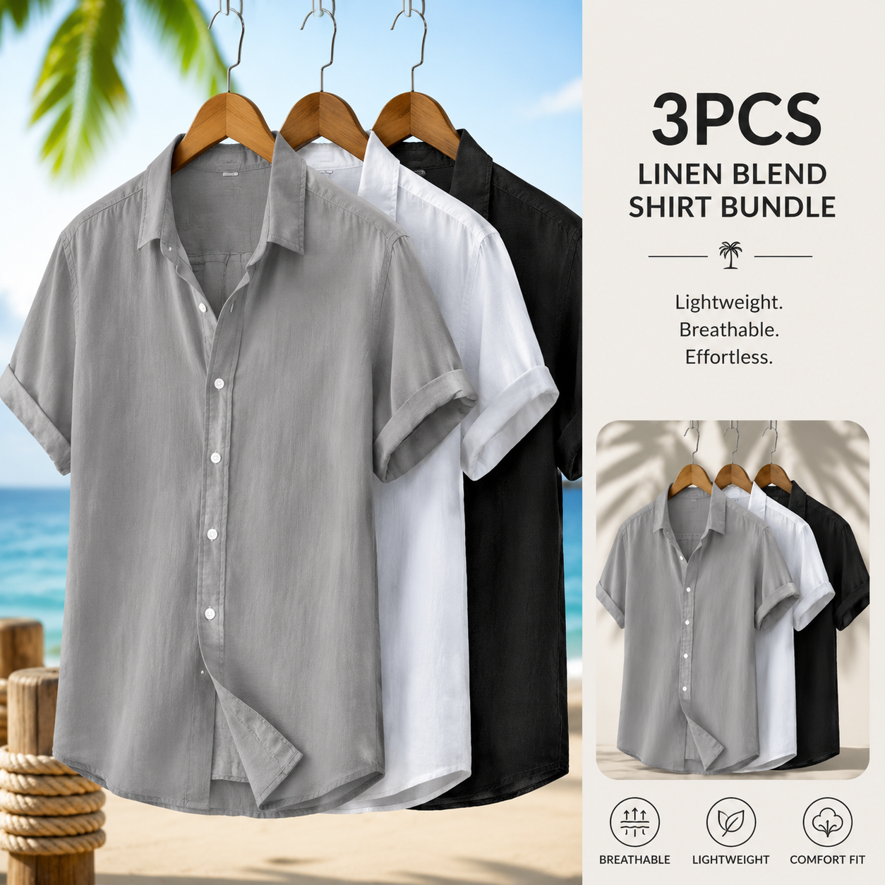 3-Pack Men's Cotton Linen Shirts