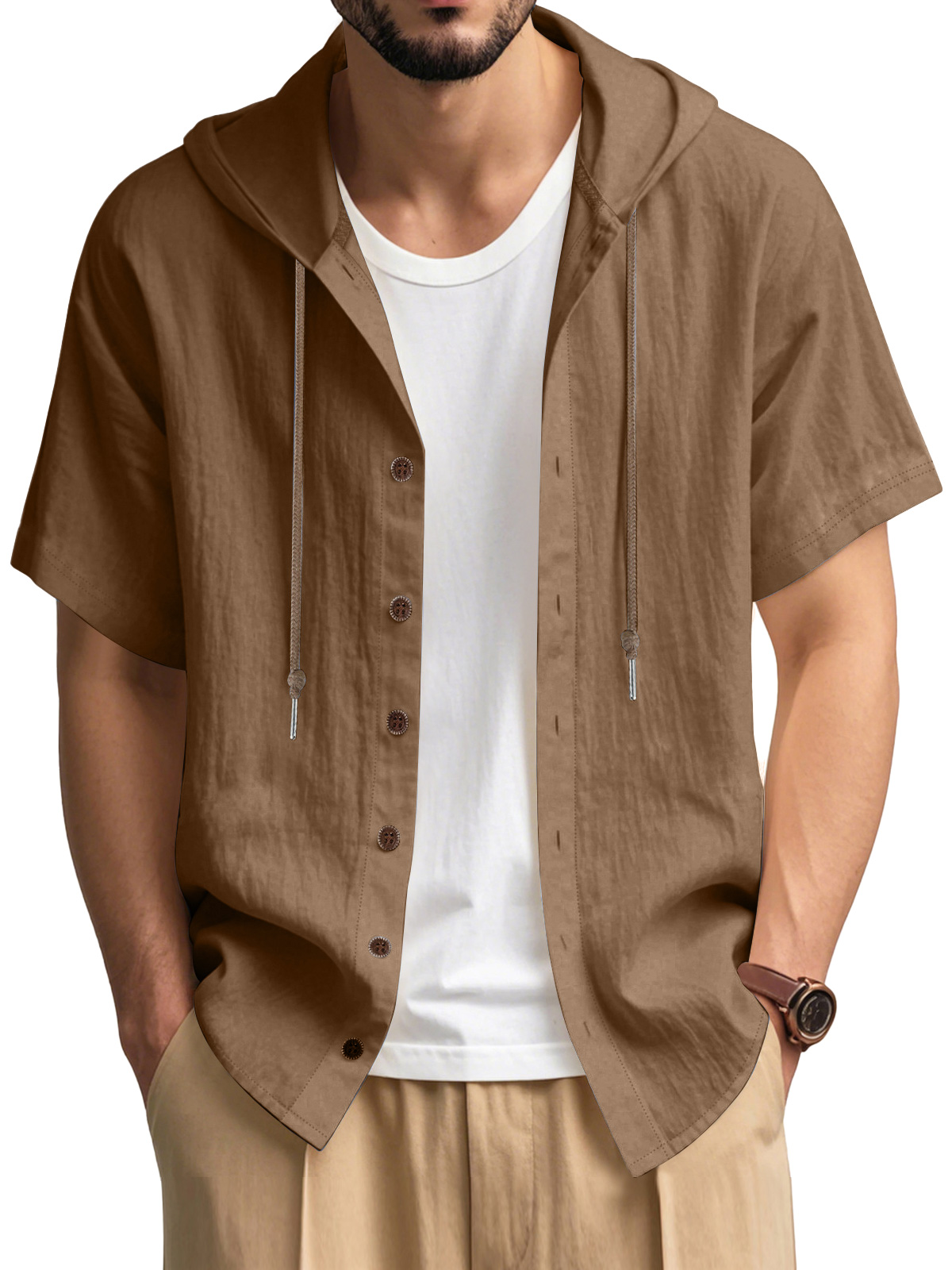 Men's Casual Cotton Hooded Button Short Sleeve Cardigan