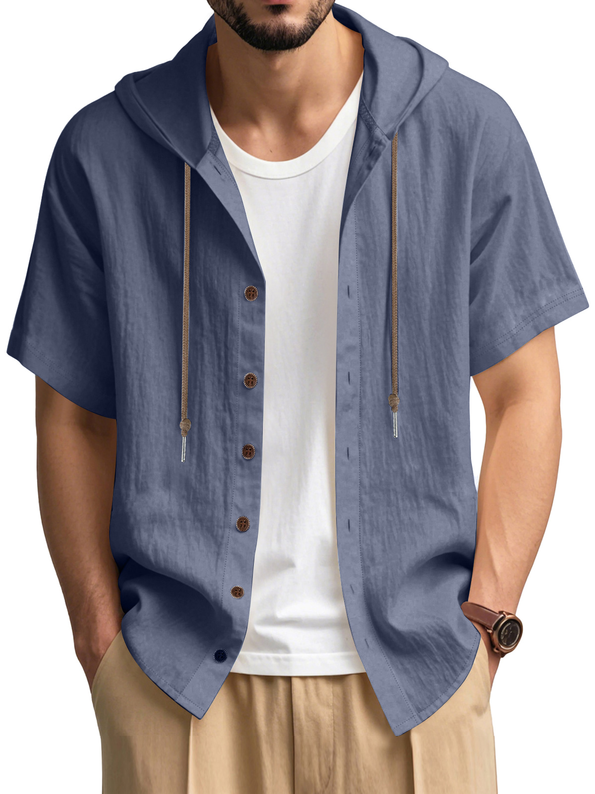 Men's Casual Cotton Hooded Button Short Sleeve Cardigan