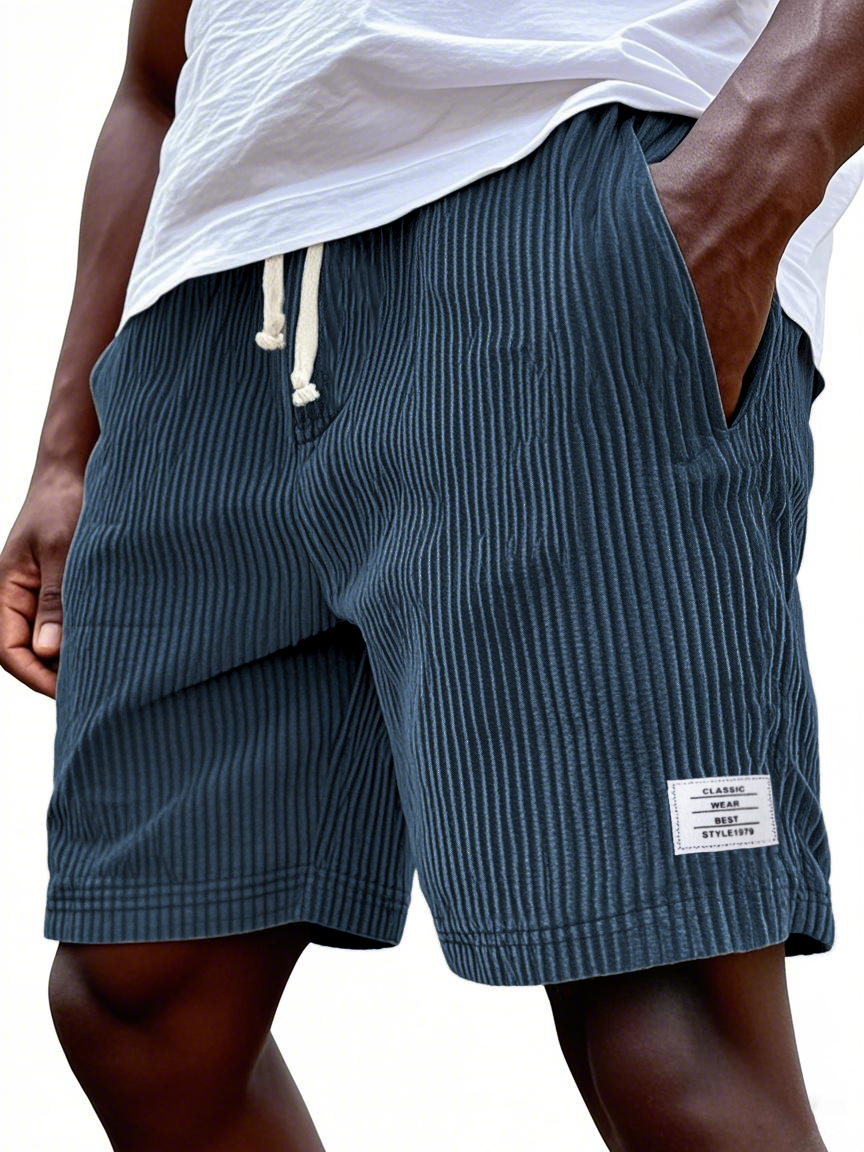 Mens Stylish Ribbed Simple Embroidered Corduroy Loose Lace-up Casual Shorts