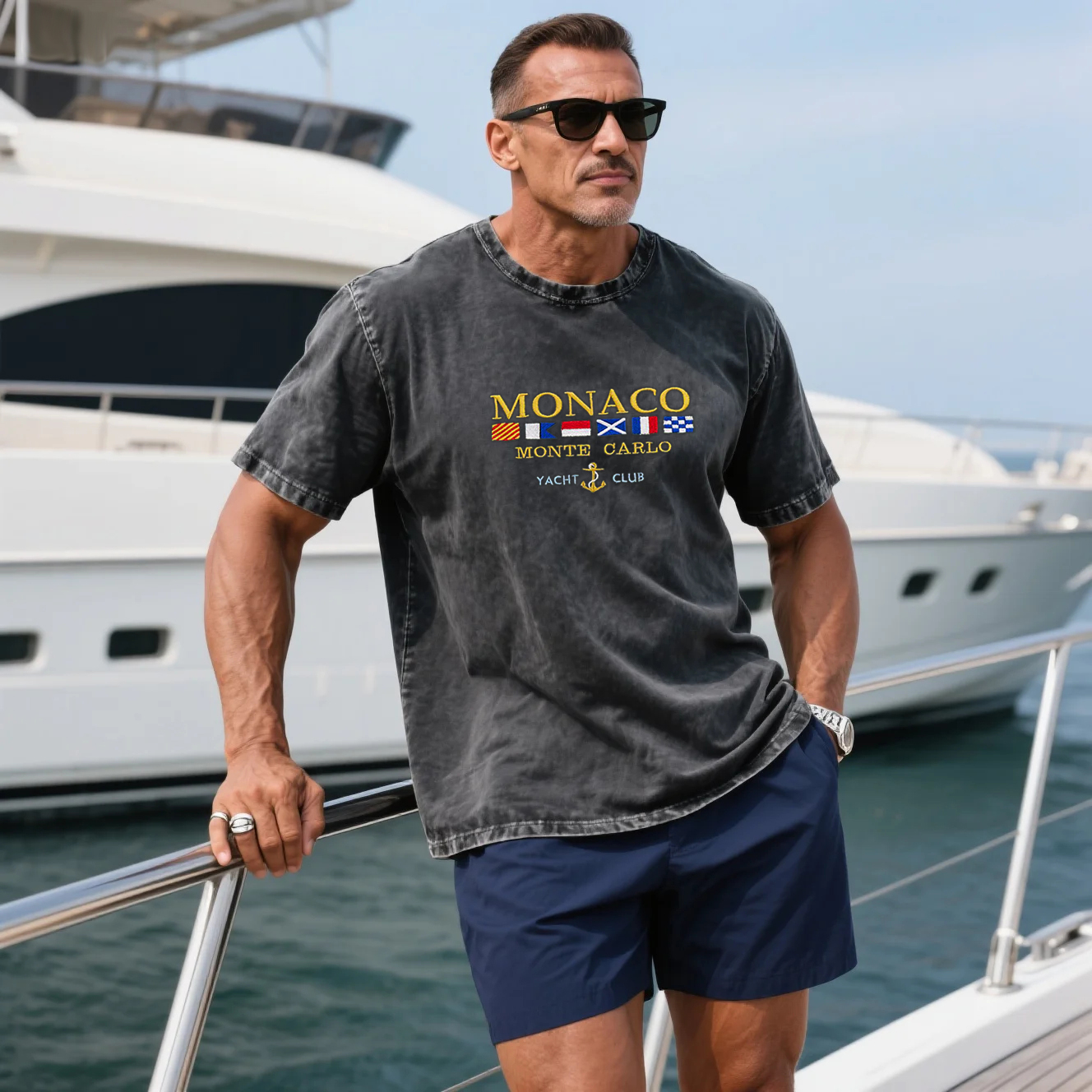 Vintage Washed Men's Loose And Comfortable Cotton Yacht Club Short-sleeved T-shirt Monaco Print Top