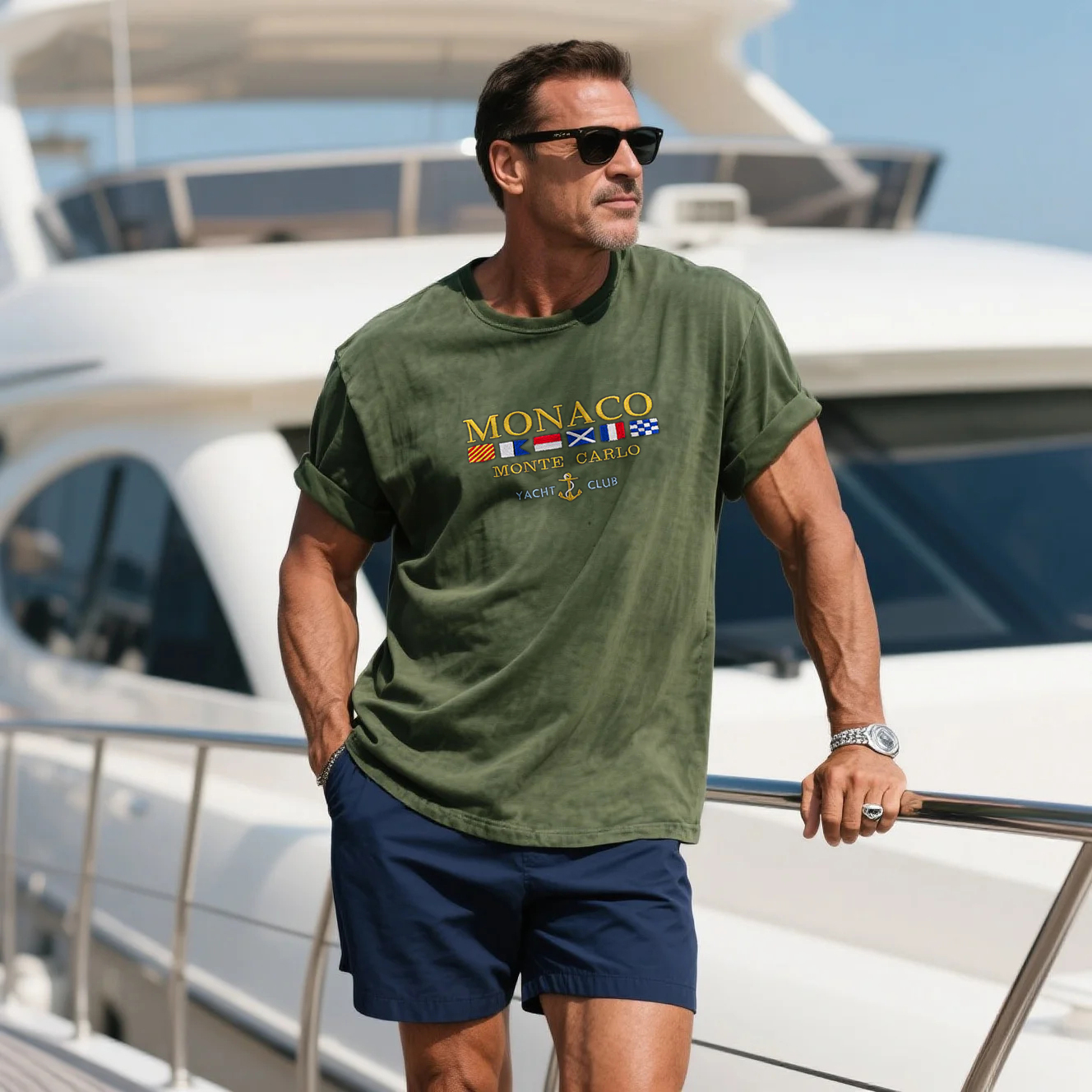 Vintage Washed Men's Loose And Comfortable Cotton Yacht Club Short-sleeved T-shirt Monaco Print Top