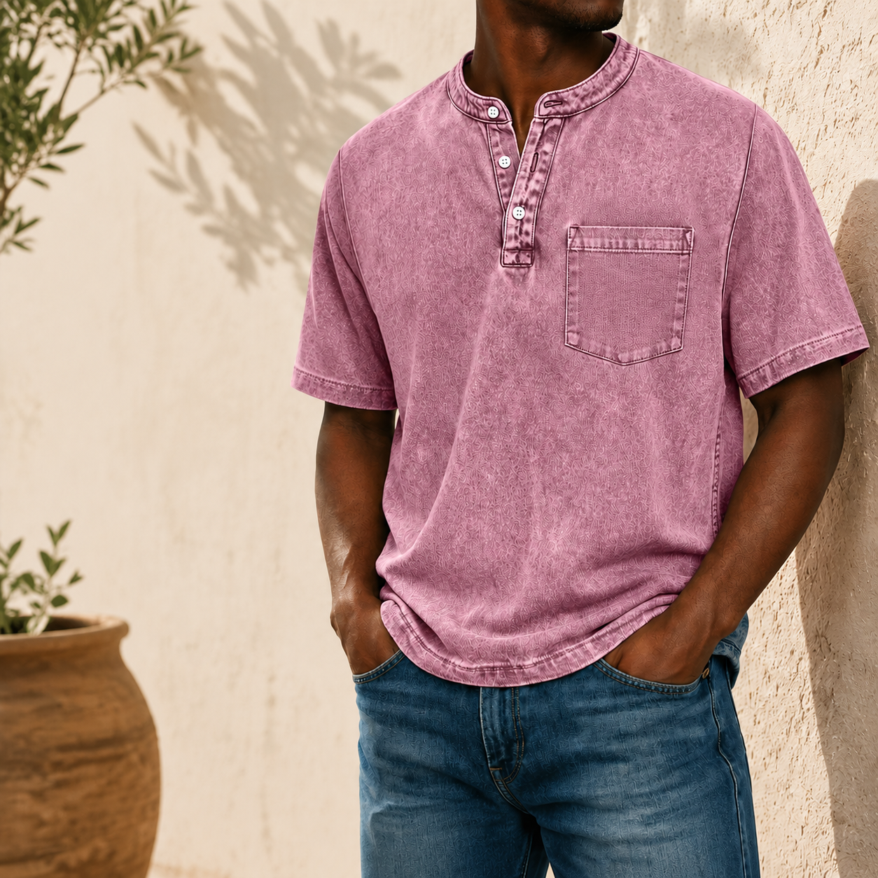 Vintage Washed Henley T-Shirt for Men – Soft Cotton Casual Tee with Pocket Detail