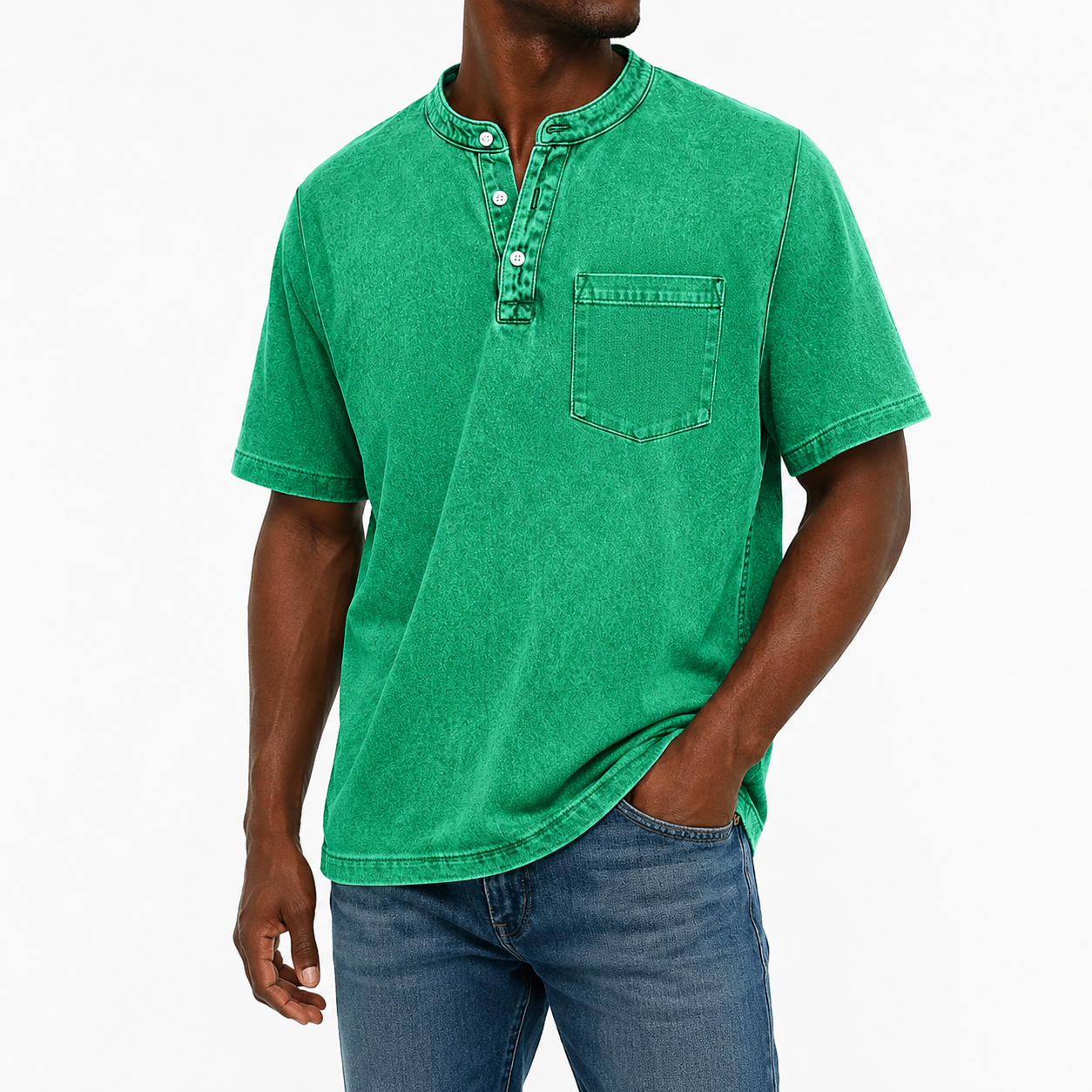 Vintage Washed Henley T-Shirt for Men – Soft Cotton Casual Tee with Pocket Detail