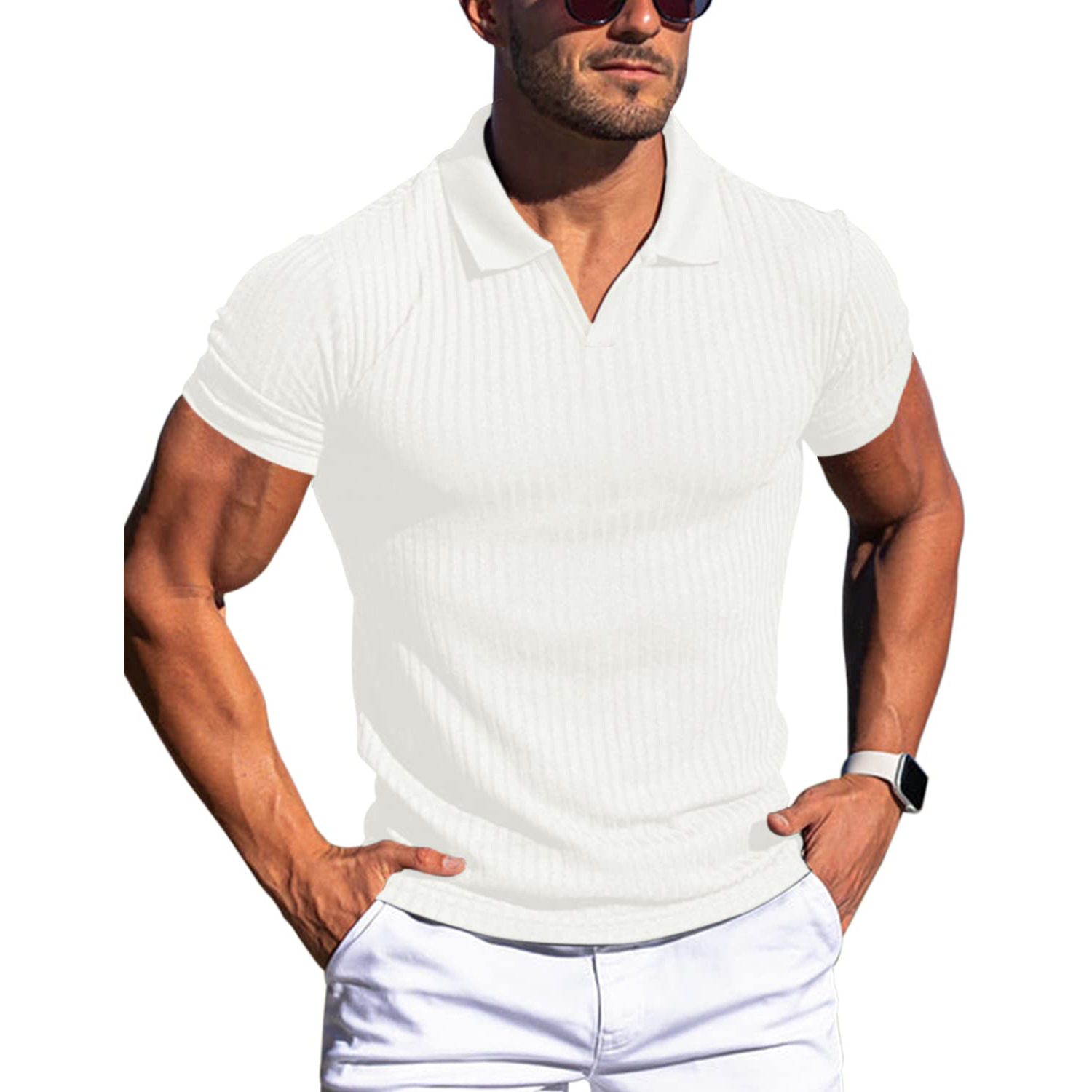Men's Solid Color Thin Style V-Neck Short-Sleeved Polo Shirt
