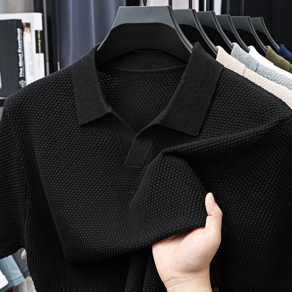Men's Textured Knit Open-Collar Polo Shirt – Breathable Summer Short Sleeve Tee