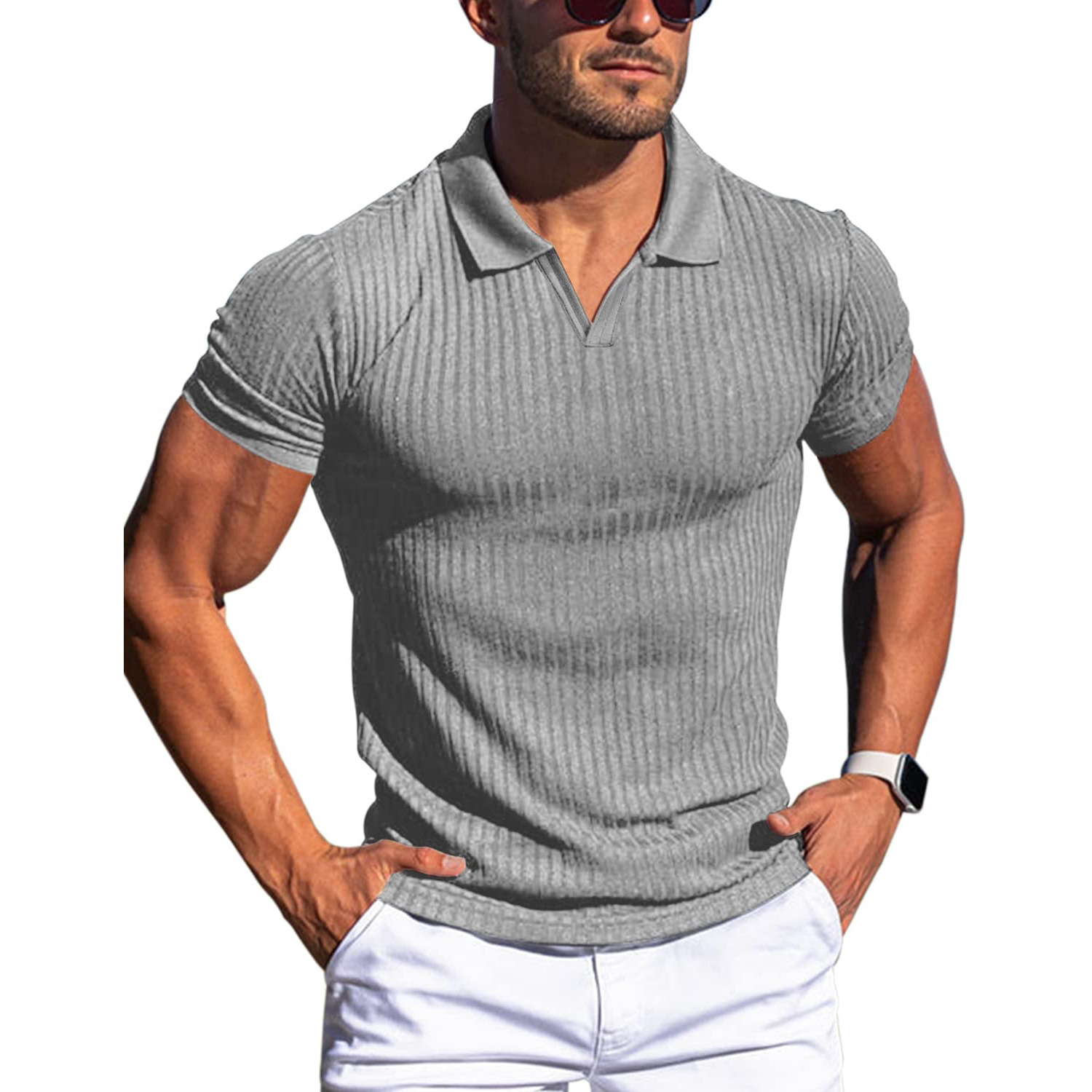 Men's Solid Color Thin Style V-Neck Short-Sleeved Polo Shirt
