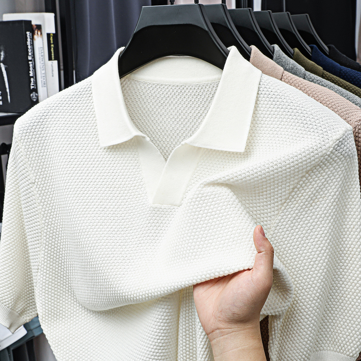 Men's Textured Knit Open-Collar Polo Shirt – Breathable Summer Short Sleeve Tee