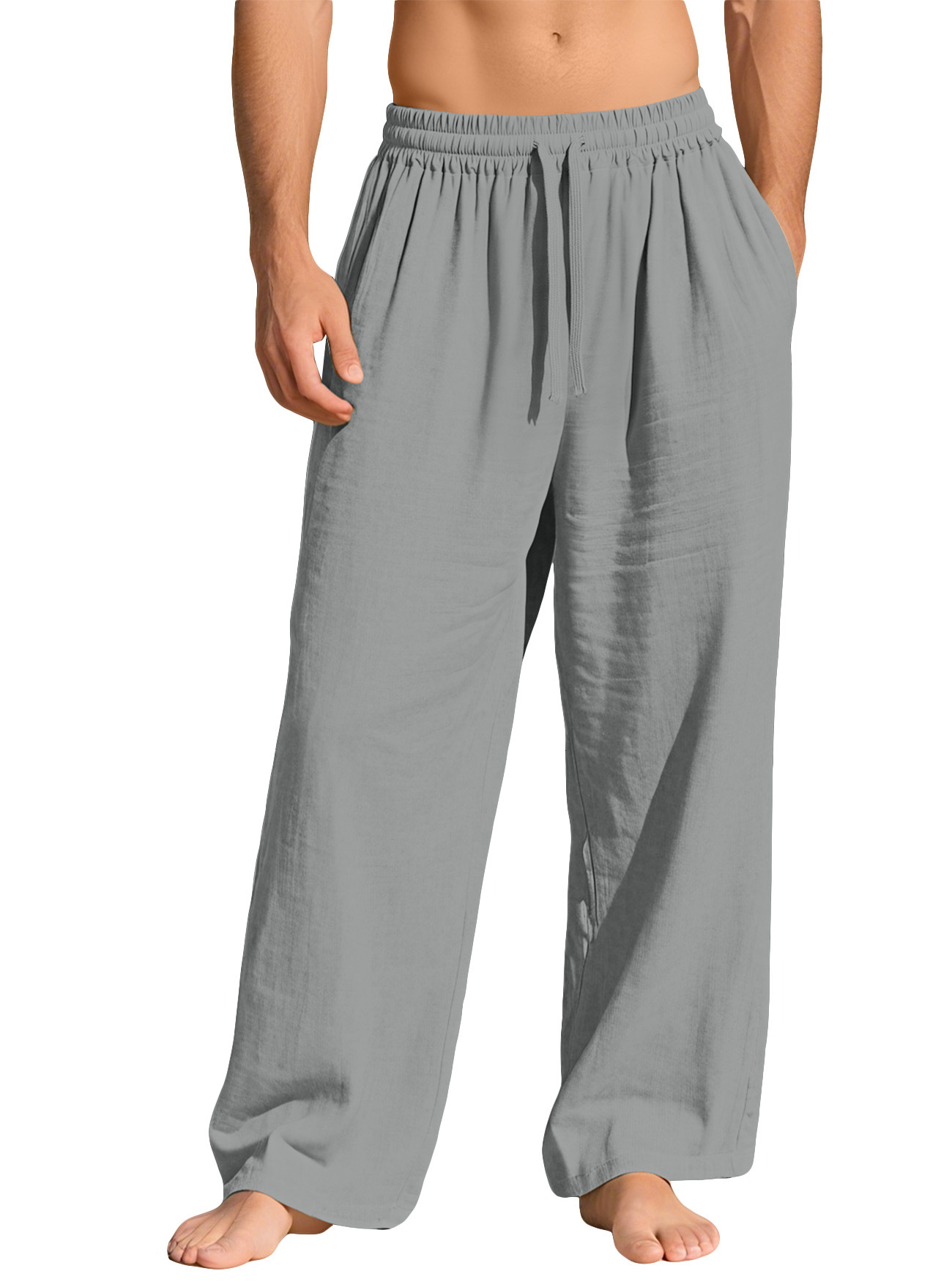 Men's linen loose-fitting solid color pocket drawstring casual sports pants