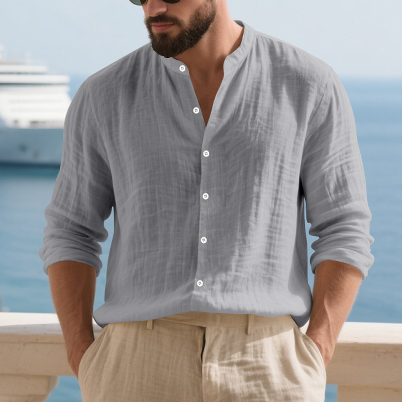 Men's stand-up collar casual loose linen shirt