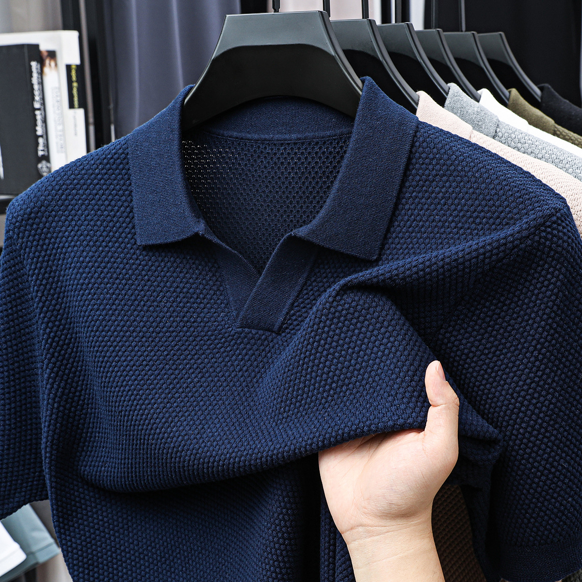 Men's Textured Knit Open-Collar Polo Shirt – Breathable Summer Short Sleeve Tee