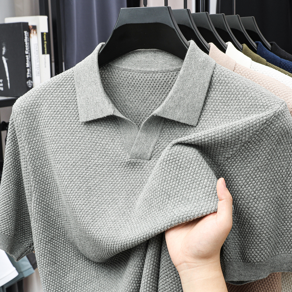 Men's Textured Knit Open-Collar Polo Shirt – Breathable Summer Short Sleeve Tee