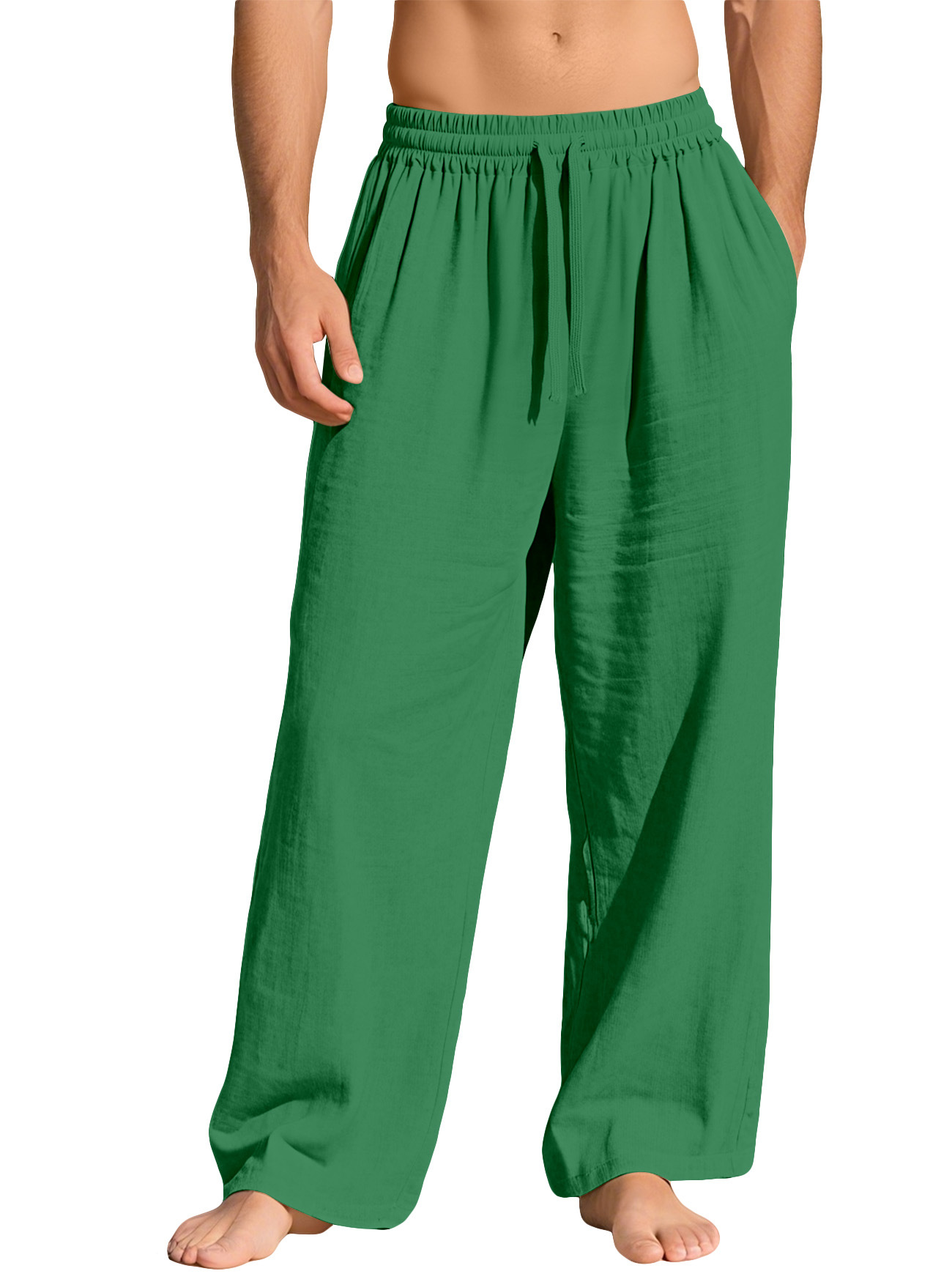 Men's linen loose-fitting solid color pocket drawstring casual sports pants