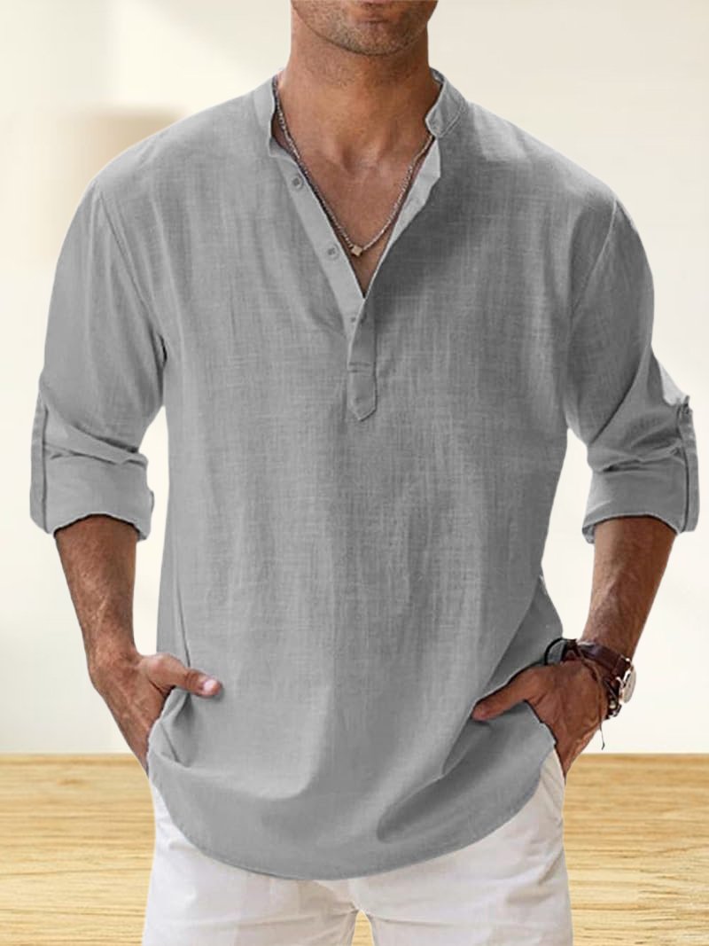 Men's Cotton And Linen Stand Collar Basic Casual Long-Sleeved Shirt