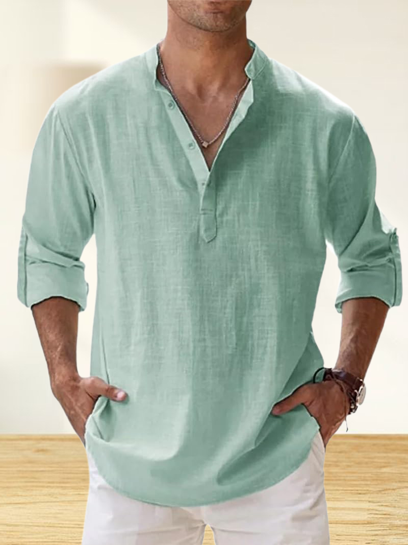 Men's Cotton And Linen Stand Collar Basic Casual Long-Sleeved Shirt