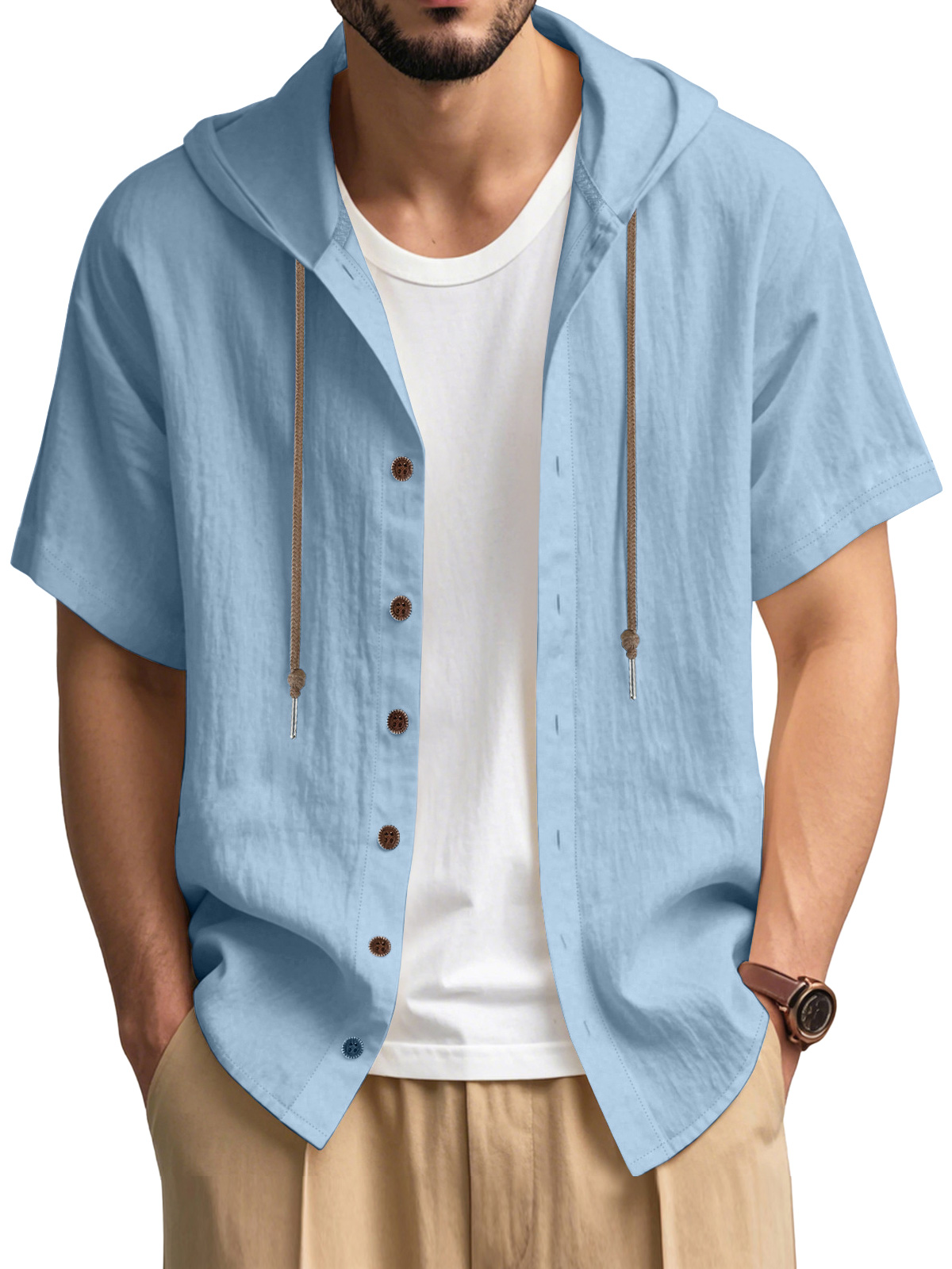 Men's Casual Cotton Hooded Button Short Sleeve Cardigan