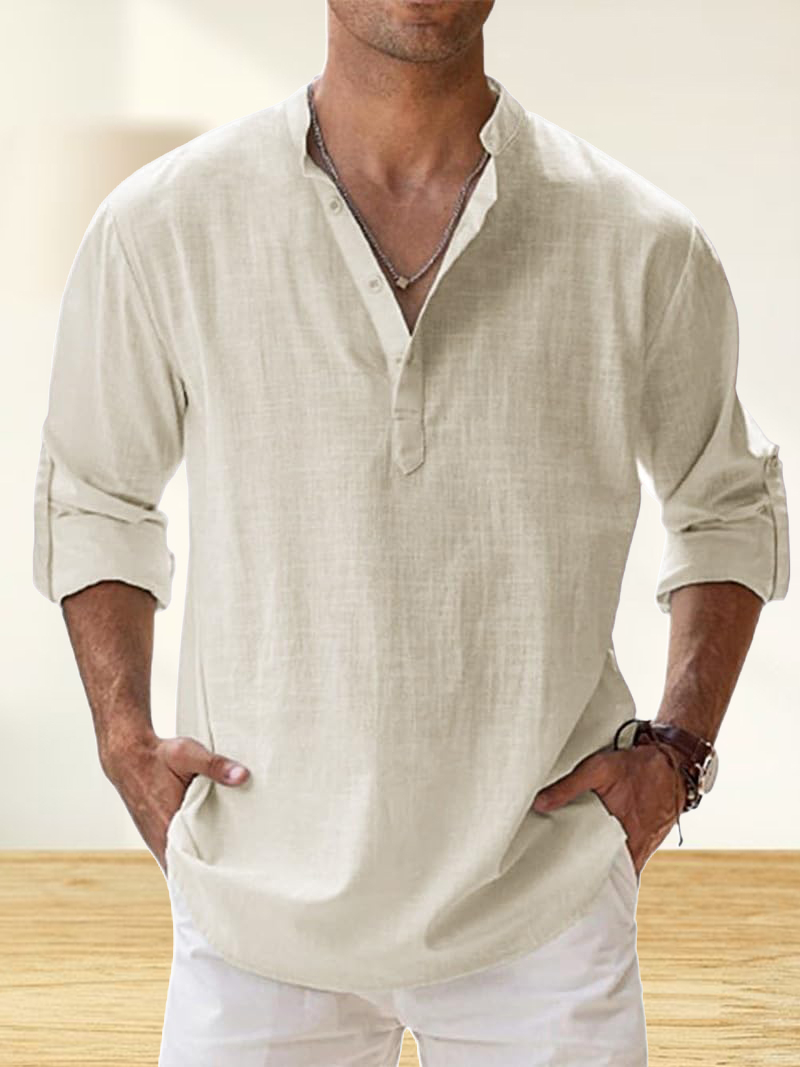 Men's Cotton And Linen Stand Collar Basic Casual Long-Sleeved Shirt