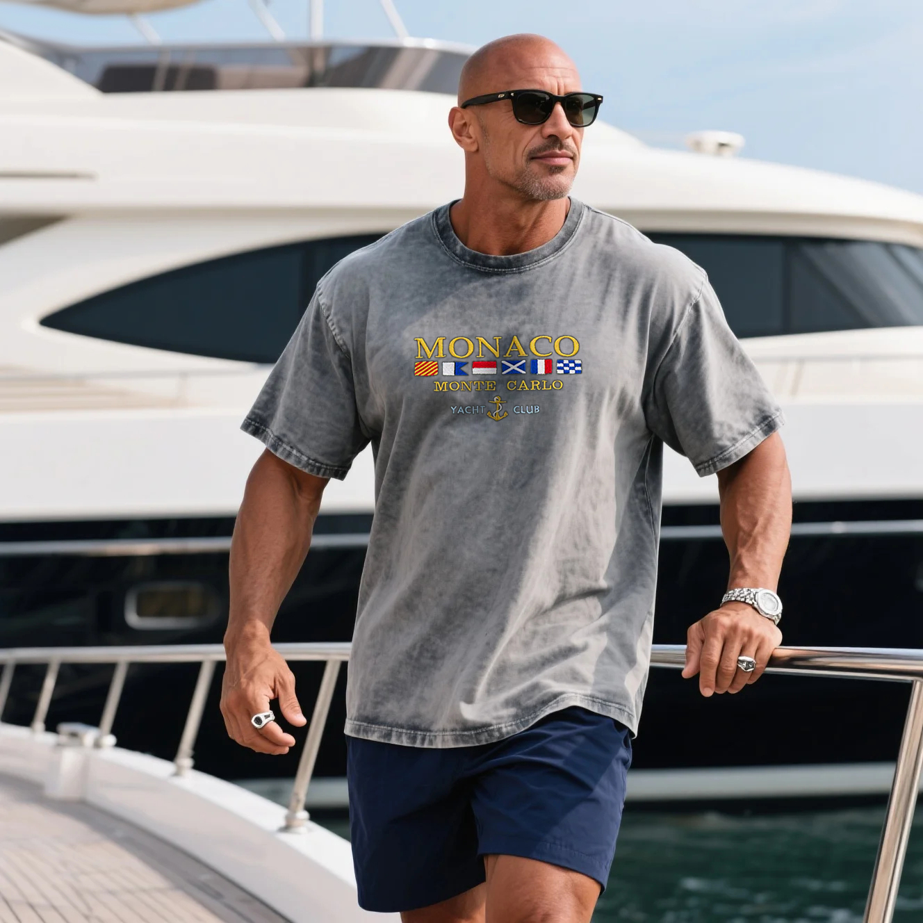 Vintage Washed Men's Loose And Comfortable Cotton Yacht Club Short-sleeved T-shirt Monaco Print Top