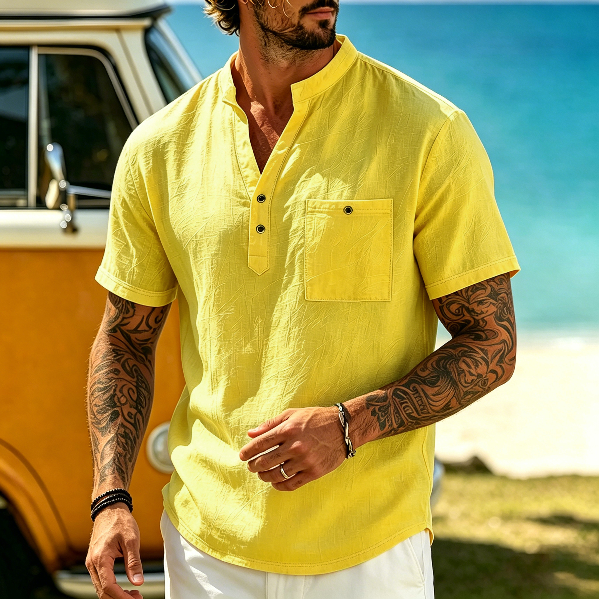 Men's Vacation Linen V-Neck Short Sleeve Shirt