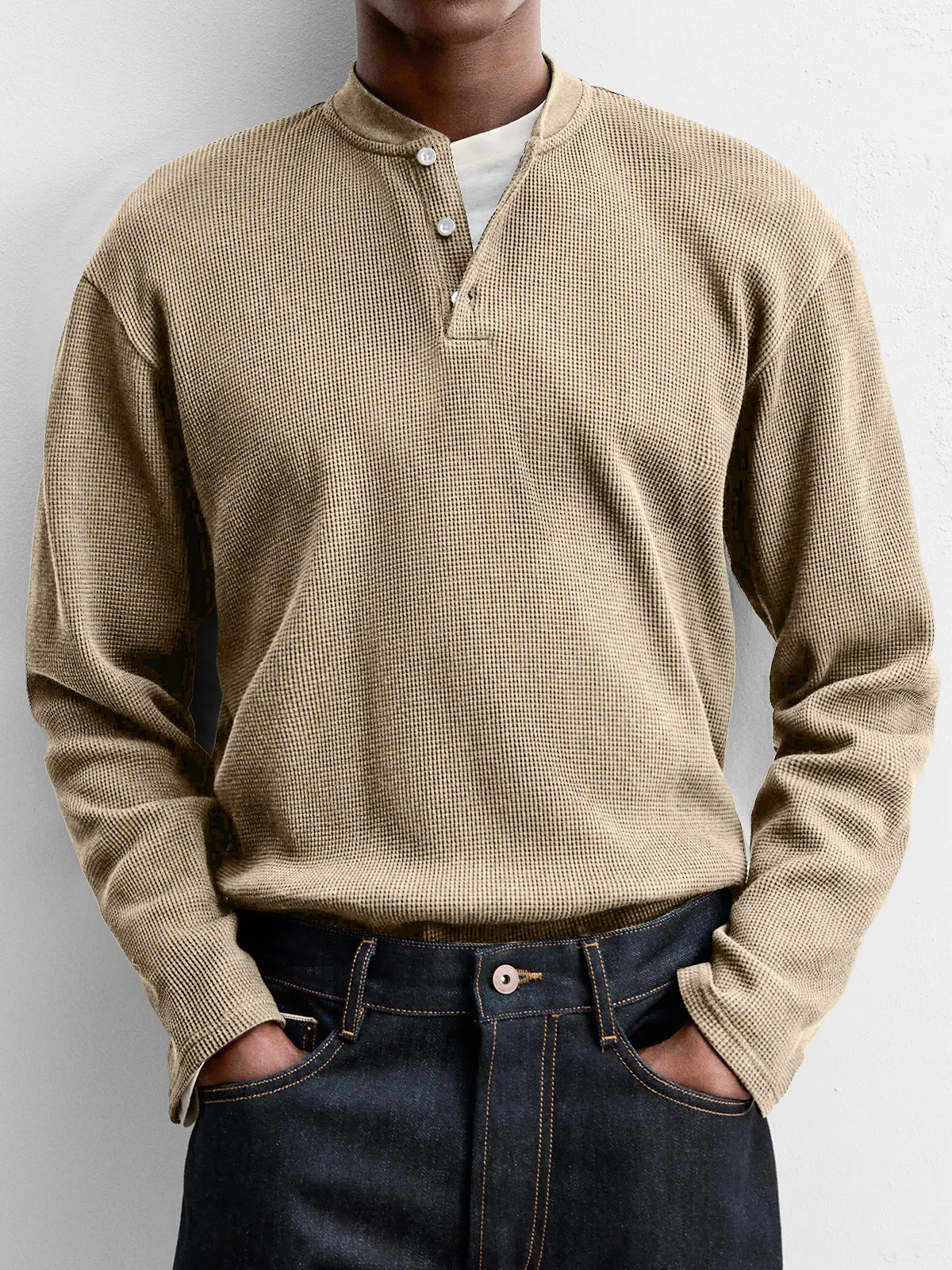 Men's Vintage Waffle Knit Henley Shirt – Soft Comfortable Everyday Pullover
