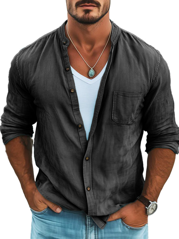 Men's Fashionable Daily Casual Standing Collar Pocket Loose Long-sleeved Shirt
