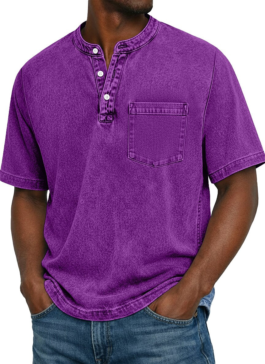 Vintage Washed Henley T-Shirt for Men – Soft Cotton Casual Tee with Pocket Detail