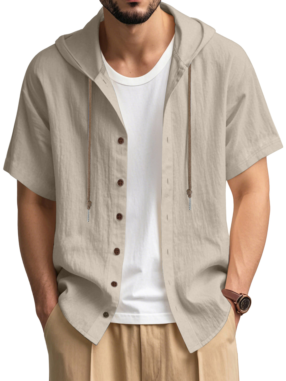 Men's Casual Cotton Hooded Button Short Sleeve Cardigan