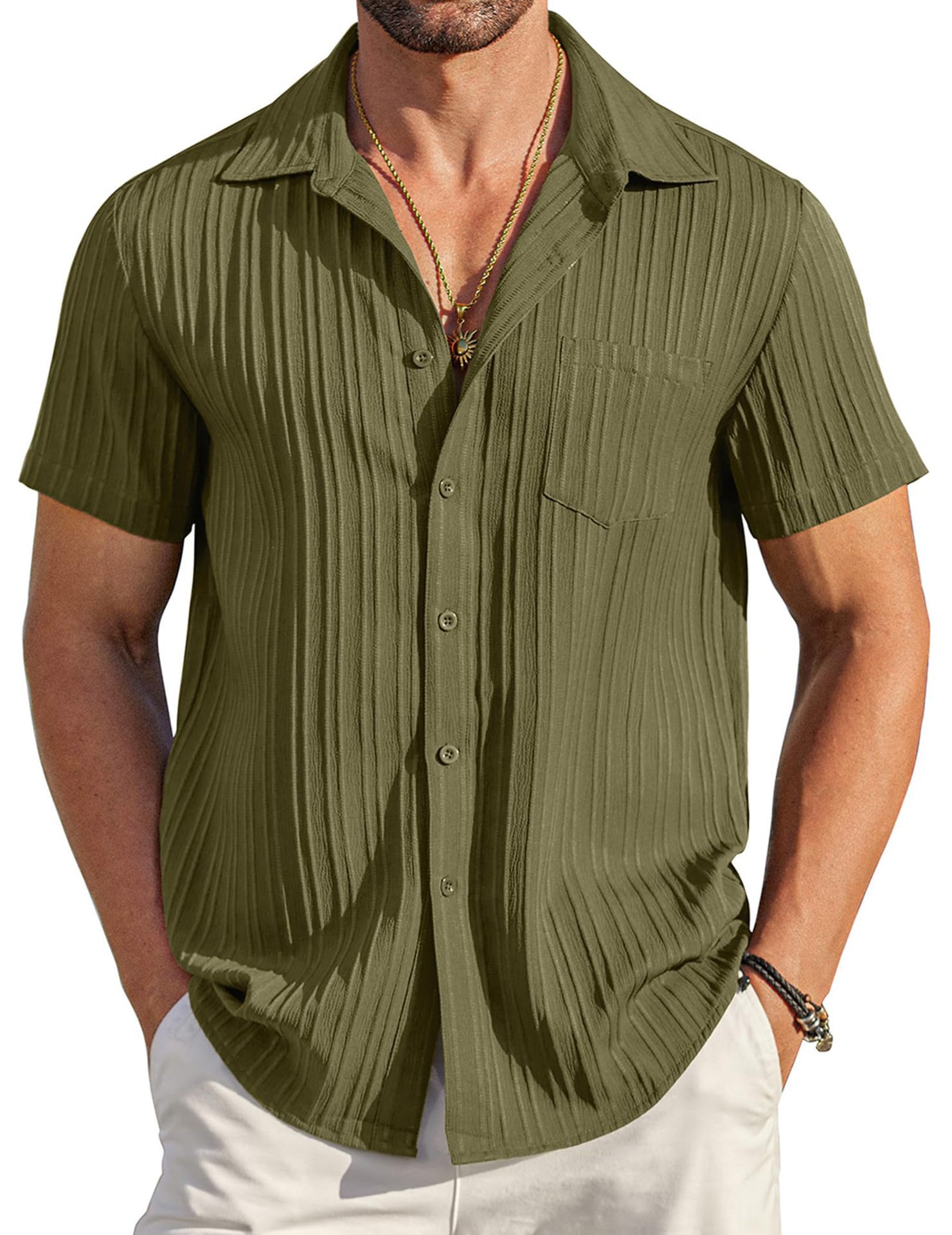 🏆Flash Sale⚡ 50K+ SOLD! Almost Gone-💥Men's Casual Button Down Shirts Short Sleeve Textured Summer Beach Shirt with Pocket