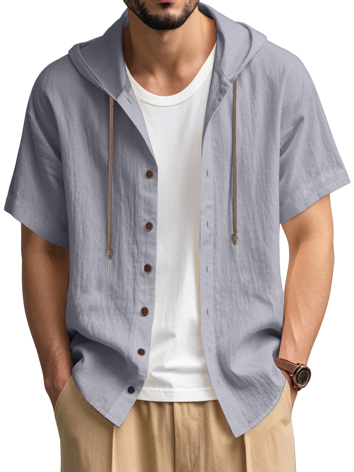 Men's Casual Cotton Hooded Button Short Sleeve Cardigan