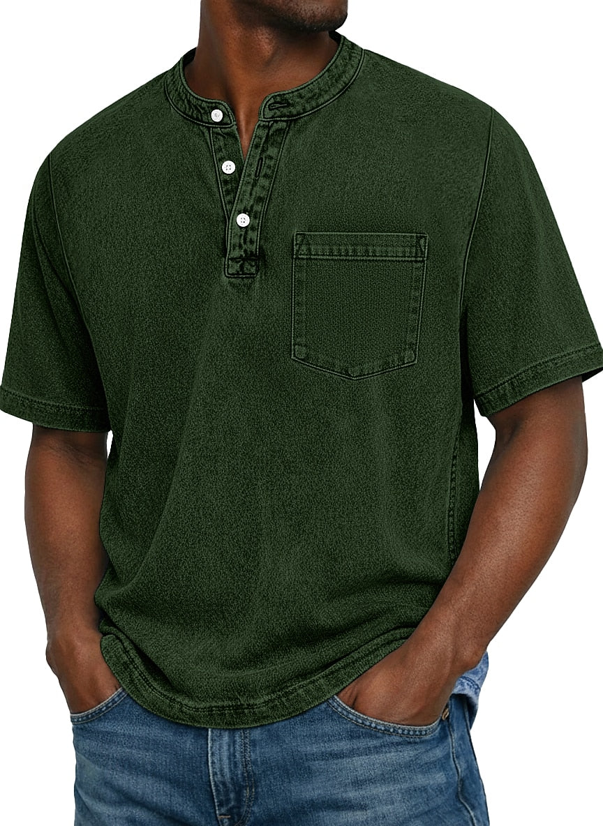 Vintage Washed Henley T-Shirt for Men – Soft Cotton Casual Tee with Pocket Detail