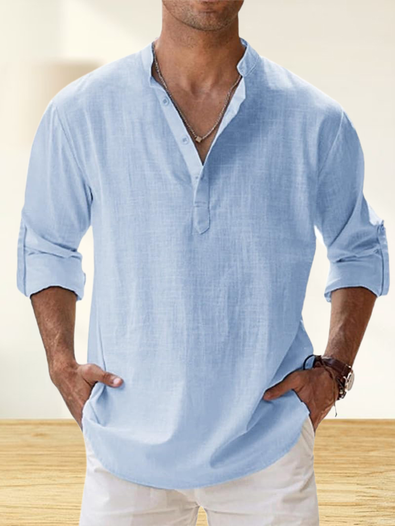 Men's Cotton And Linen Stand Collar Basic Casual Long-Sleeved Shirt