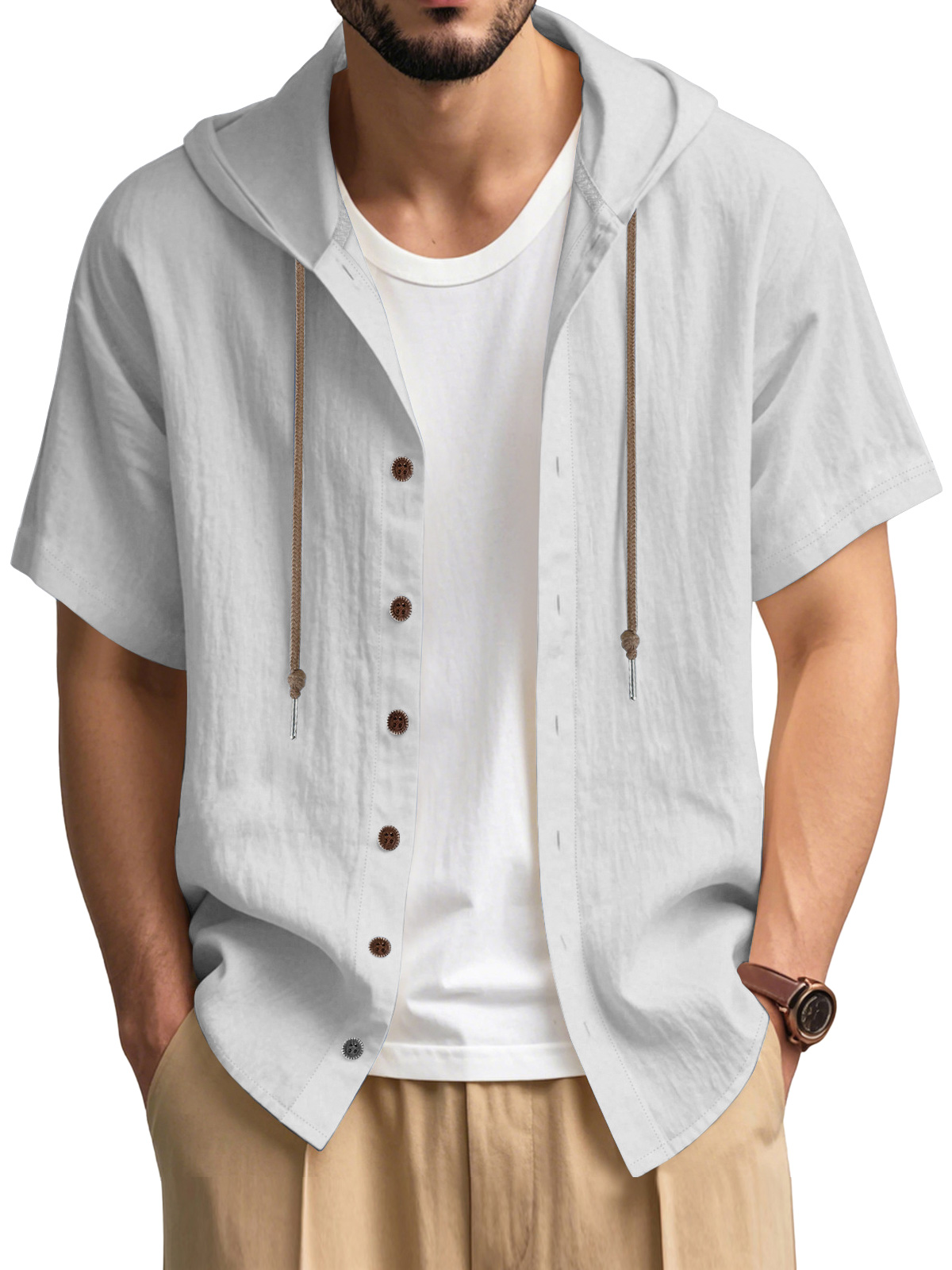 Men's Casual Cotton Hooded Button Short Sleeve Cardigan