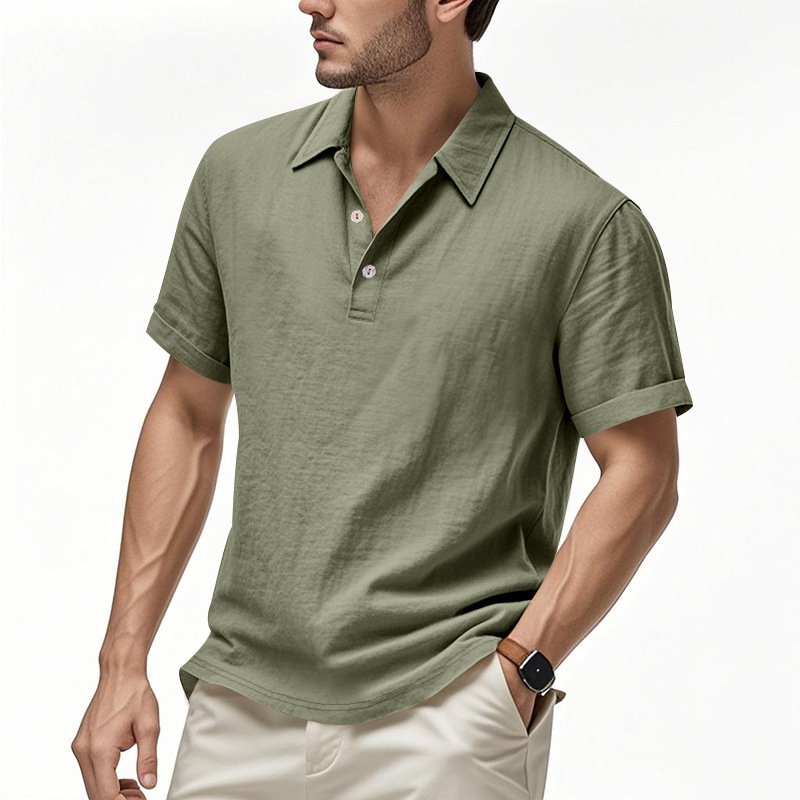 Men's Summer British-Style Solid Color Casual Button-Down Loose-Fit Linen Polo Shirt with Spread Collar and Short Sleeves