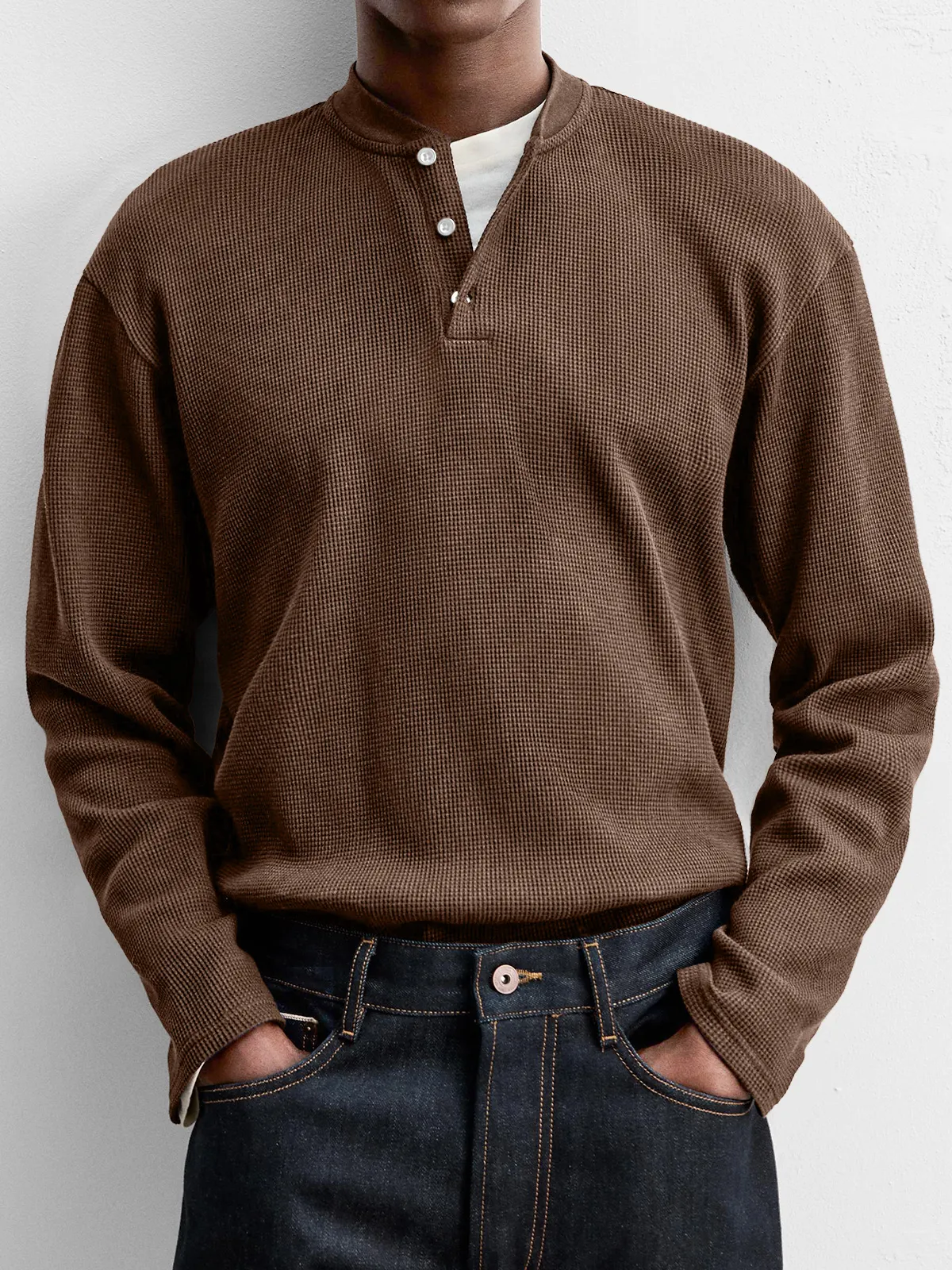 Men's Vintage Waffle Knit Henley Shirt – Soft Comfortable Everyday Pullover