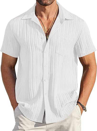🏆Flash Sale⚡ 50K+ SOLD! Almost Gone-💥Men's Casual Button Down Shirts Short Sleeve Textured Summer Beach Shirt with Pocket