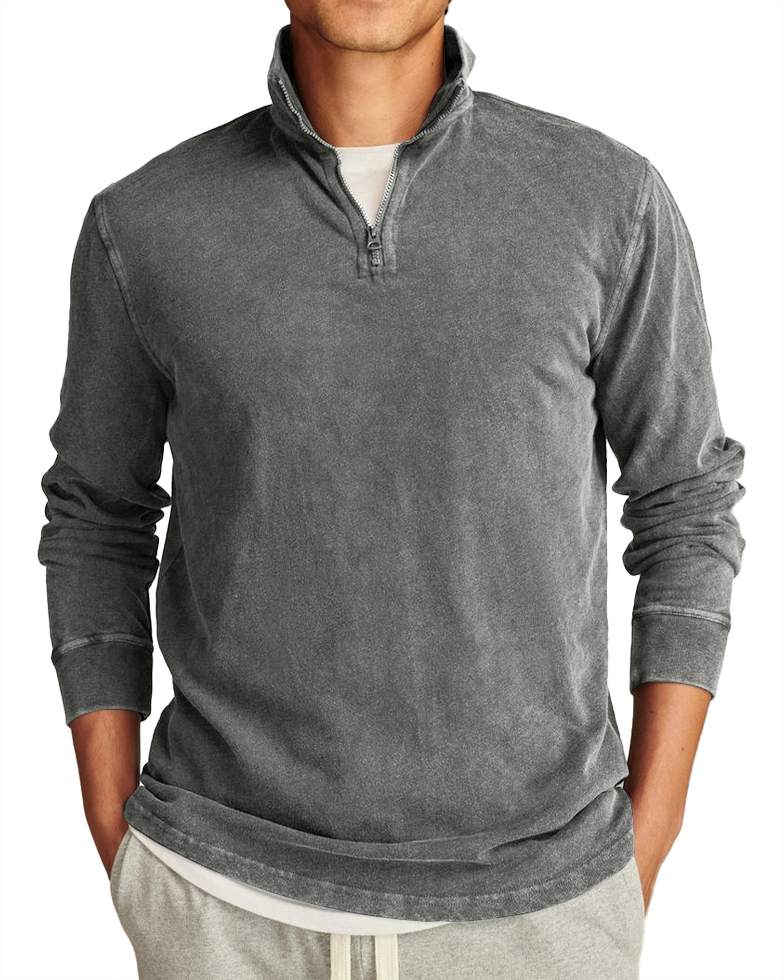 Men's Retro Casual Stand Collar Half-Zip Solid Color Long Sleeve T-Shirt