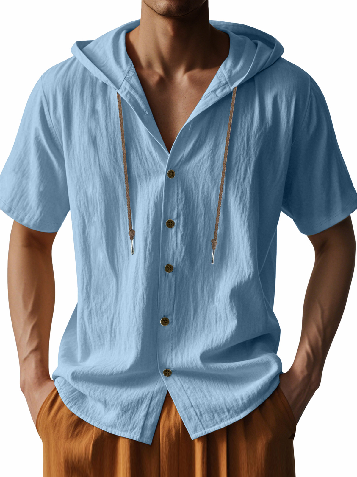 Men's Casual Cotton Hooded Button Short Sleeve Cardigan