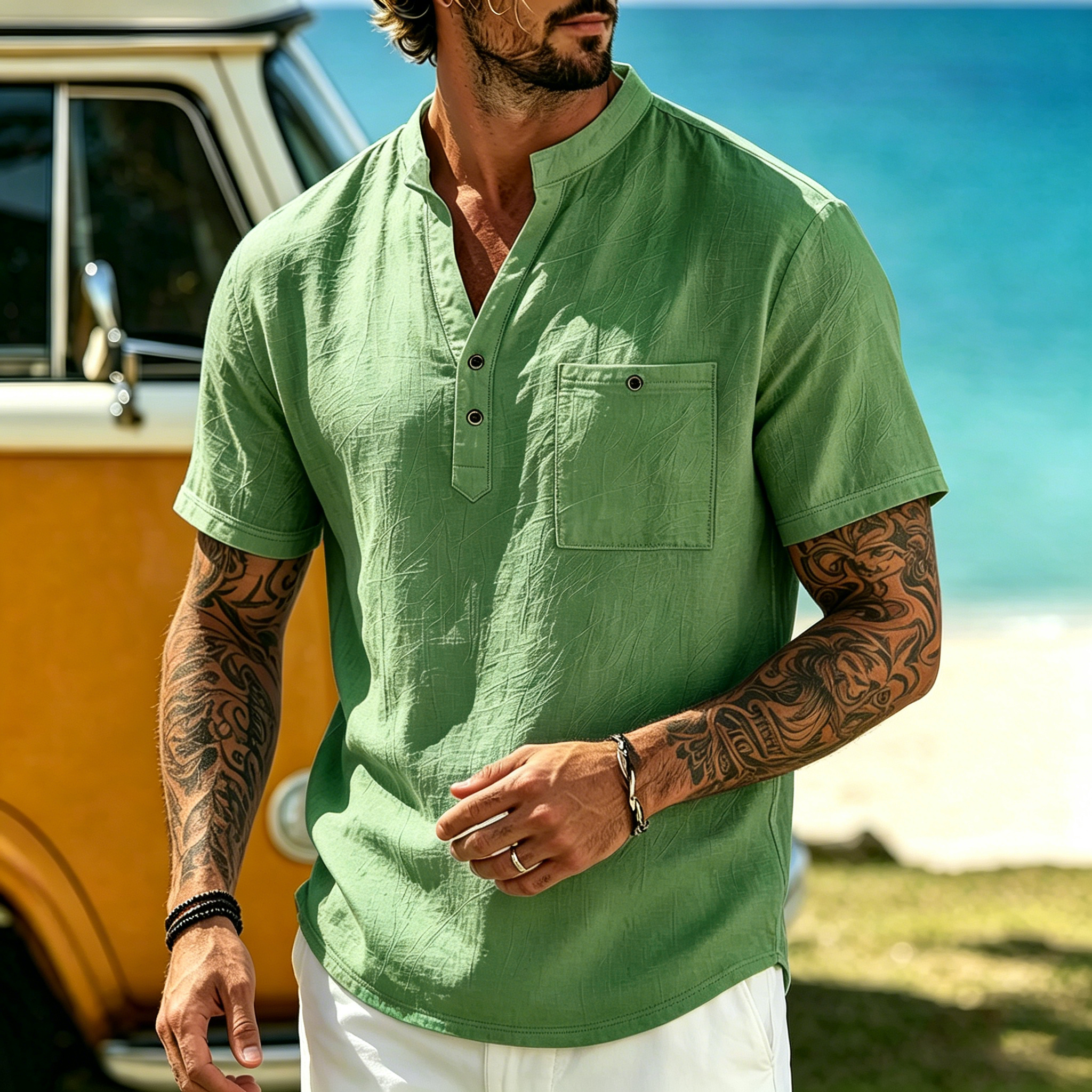 Men's Vacation Linen V-Neck Short Sleeve Shirt