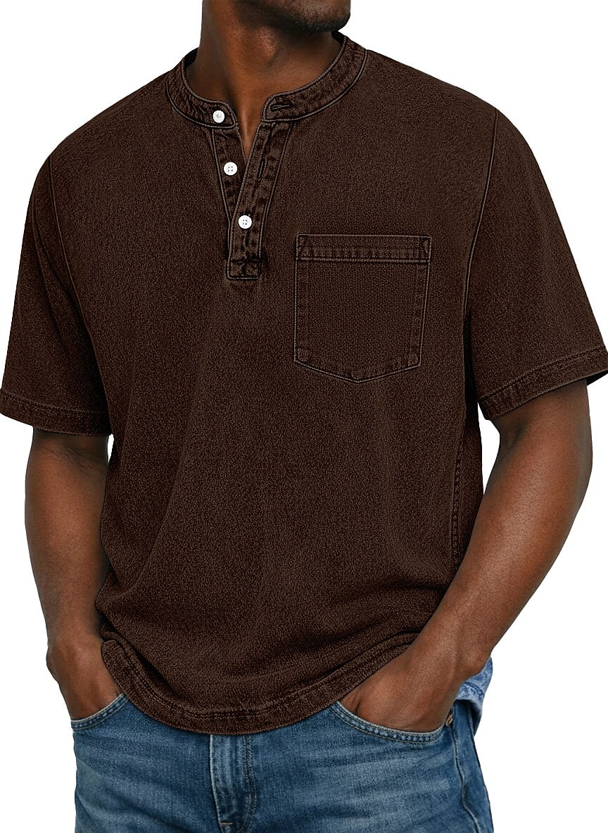 Vintage Washed Henley T-Shirt for Men – Soft Cotton Casual Tee with Pocket Detail