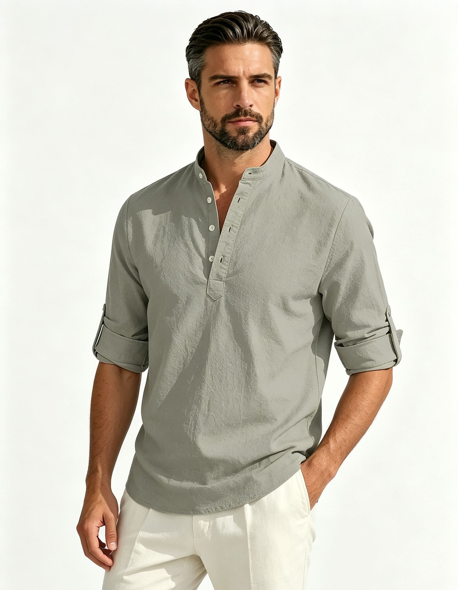 Men's Solid-Color Linen-Blend Stand-Collar Long-Sleeve Breathable Quick-Dry Loose Casual Shirt