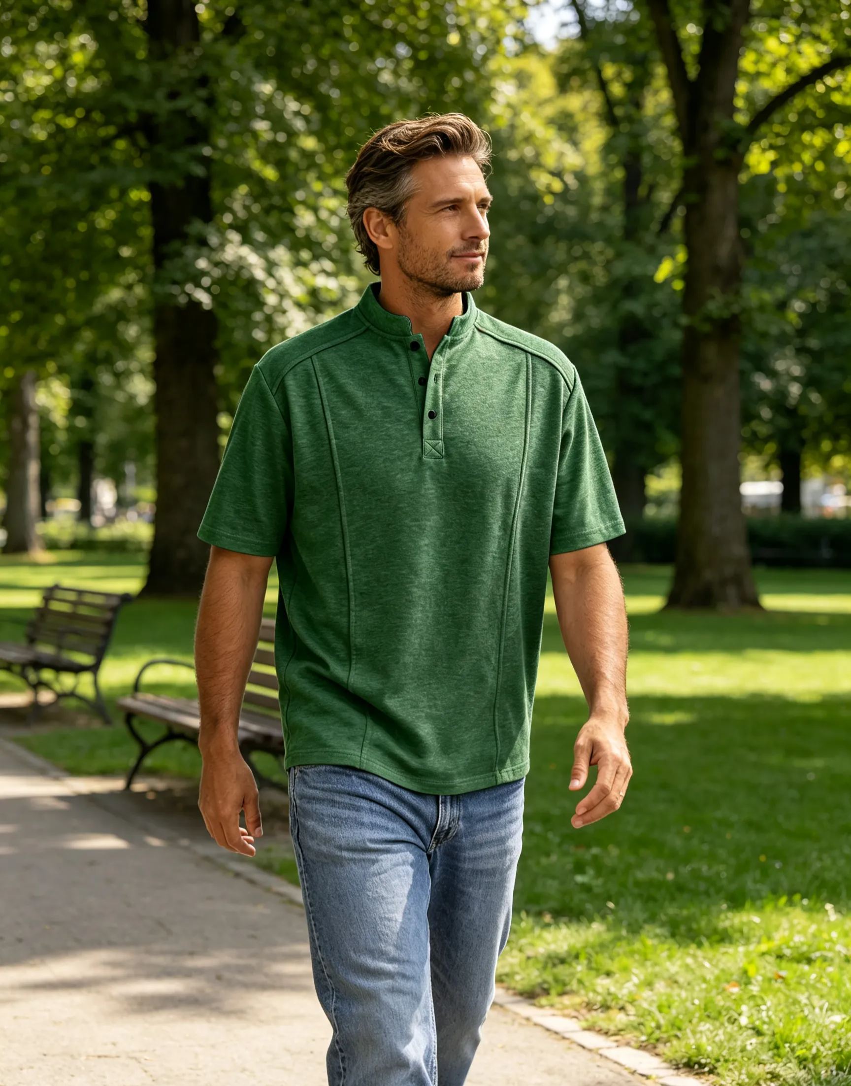 Men's Deconstructed Stand-Collar Button-Front Short-Sleeve Henley