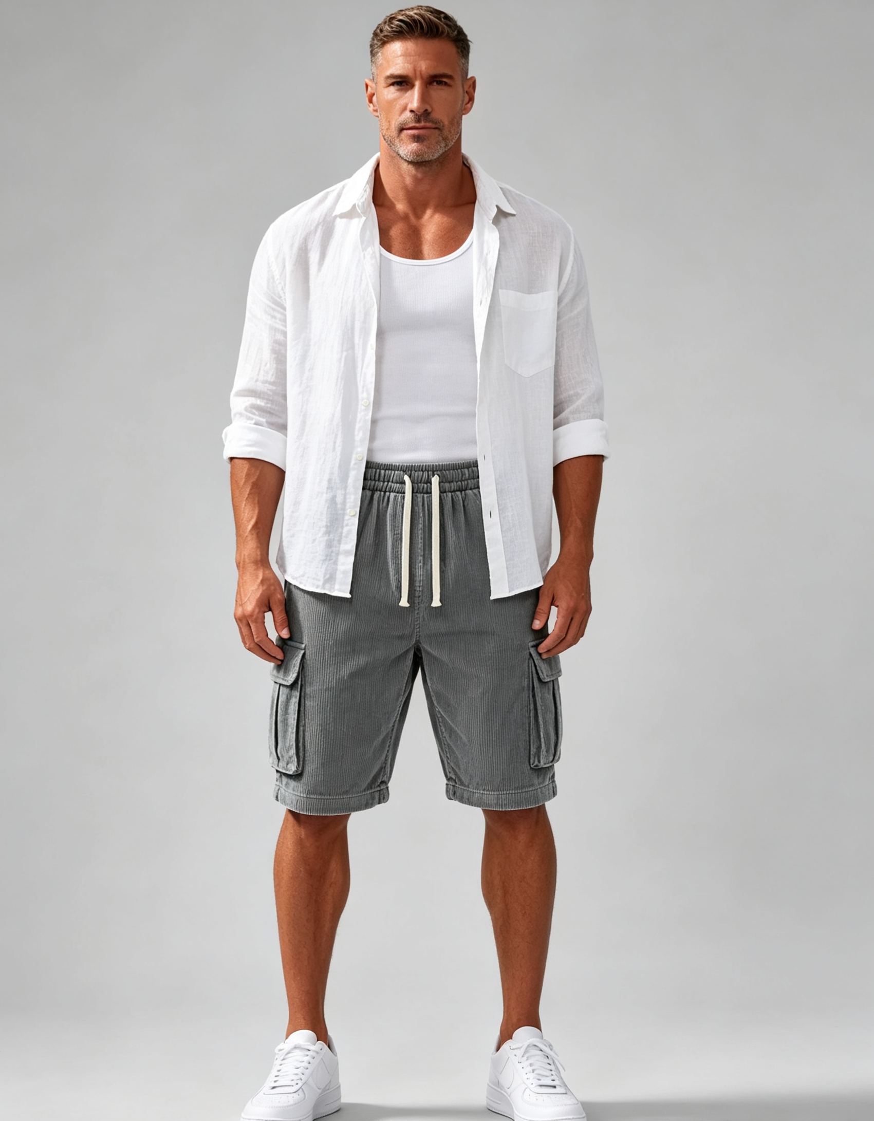 Men's Vintage Corduroy Multi-Pocket Embroidered Logo Utility Shorts