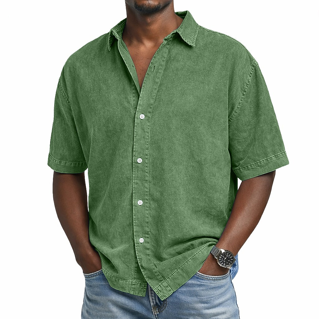 Men’s Vintage Washed Cotton Shirt – Lightweight Casual Short Sleeve Button-Up for Effortless Summer Looks