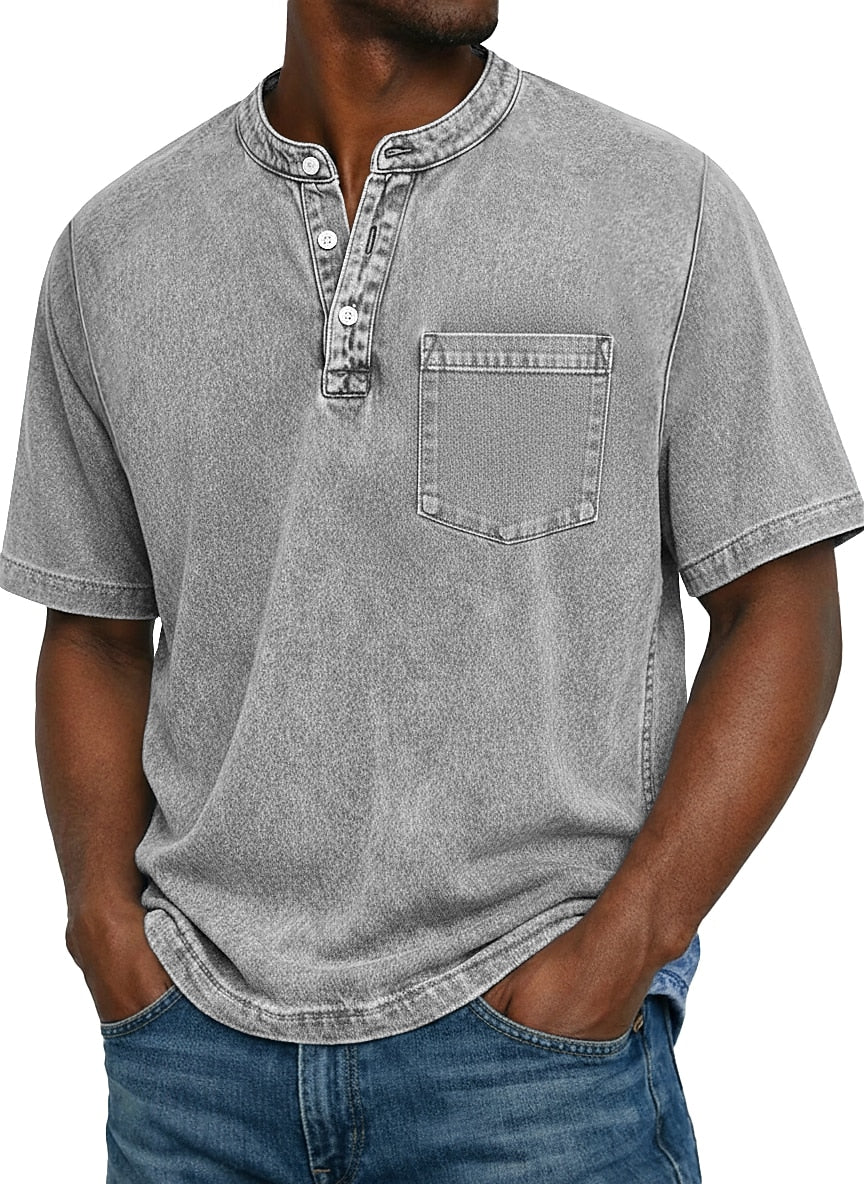 Vintage Washed Henley T-Shirt for Men – Soft Cotton Casual Tee with Pocket Detail