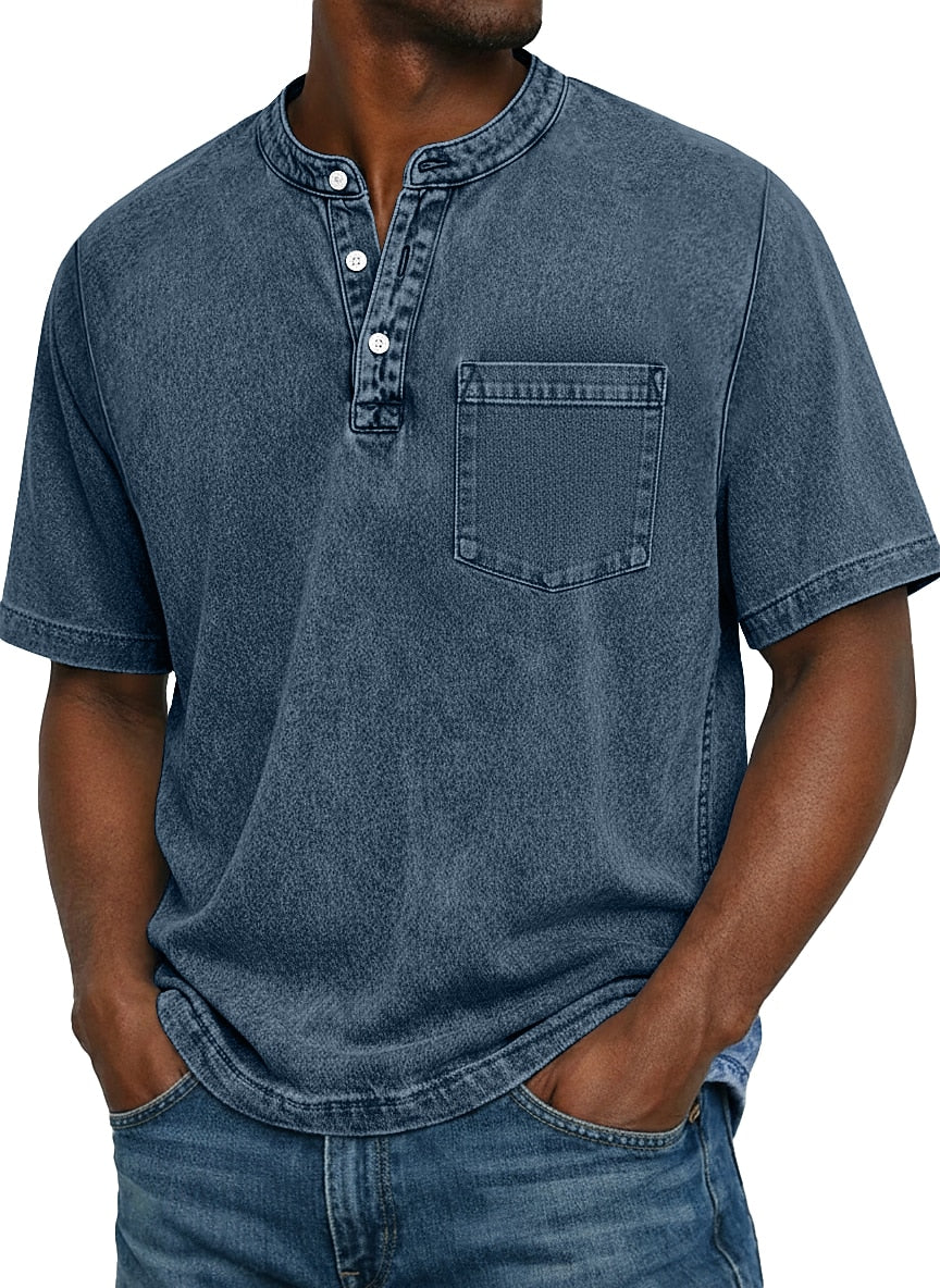 Vintage Washed Henley T-Shirt for Men – Soft Cotton Casual Tee with Pocket Detail