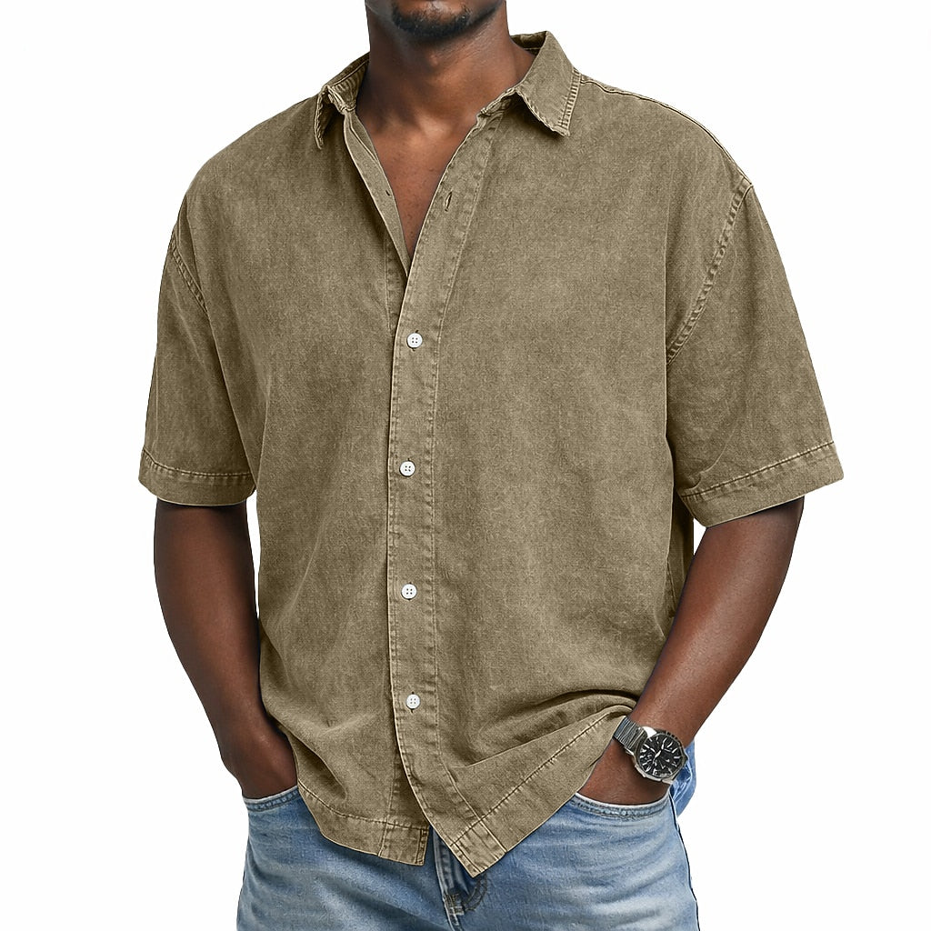 Men’s Vintage Washed Cotton Shirt – Lightweight Casual Short Sleeve Button-Up for Effortless Summer Looks