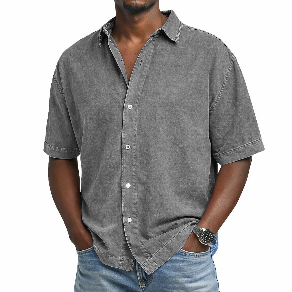 Men’s Vintage Washed Cotton Shirt – Lightweight Casual Short Sleeve Button-Up for Effortless Summer Looks